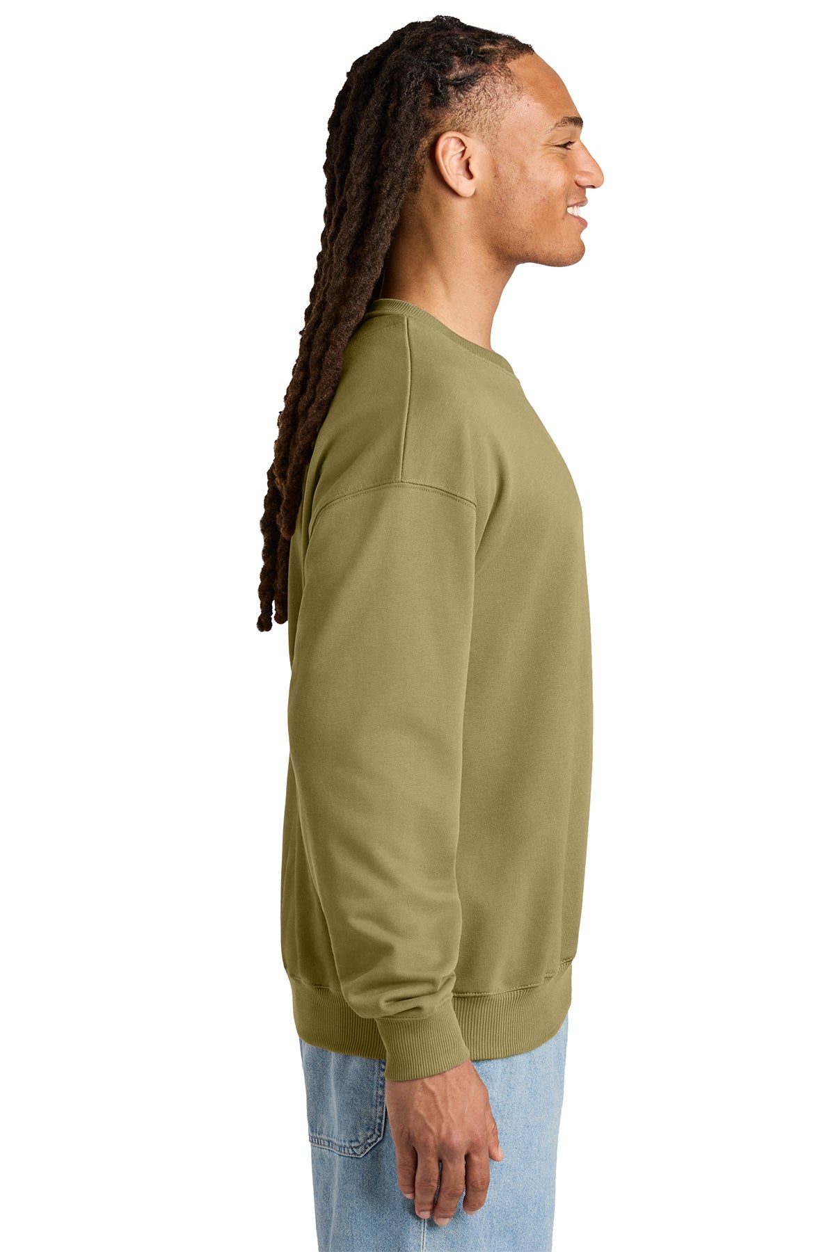 Stanley/Stella Unisex Ledger Dry Crewneck Sweatshirt in Faded Olive, side on model