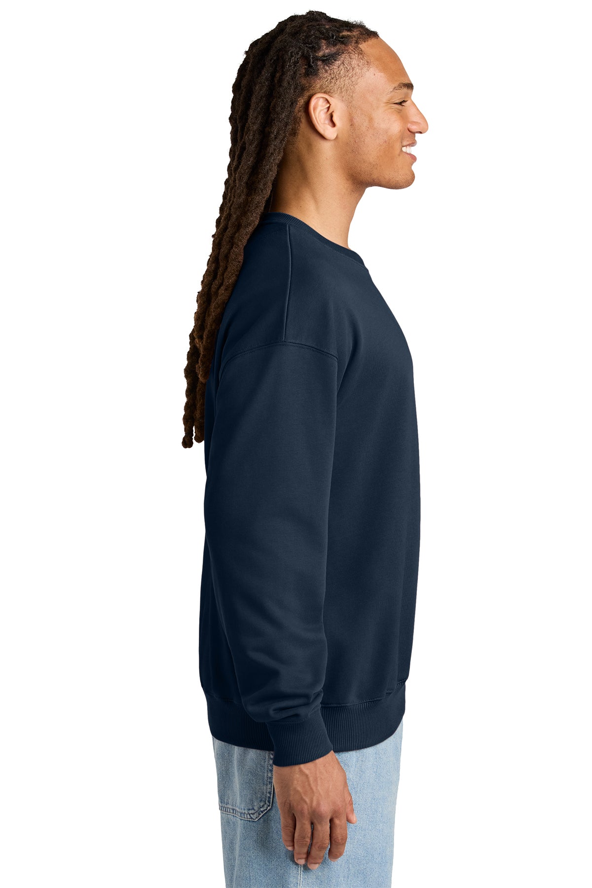 Stanley/Stella Unisex Ledger Dry Crewneck Sweatshirt in French Navy, side on model