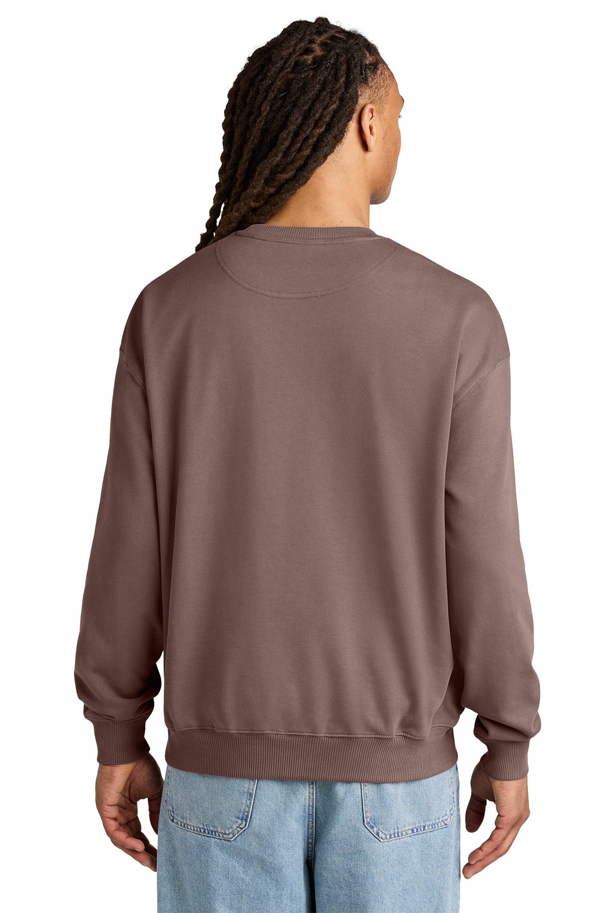 Stanley/Stella Unisex Ledger Dry Crewneck Sweatshirt in Kaffa Coffee, back on model