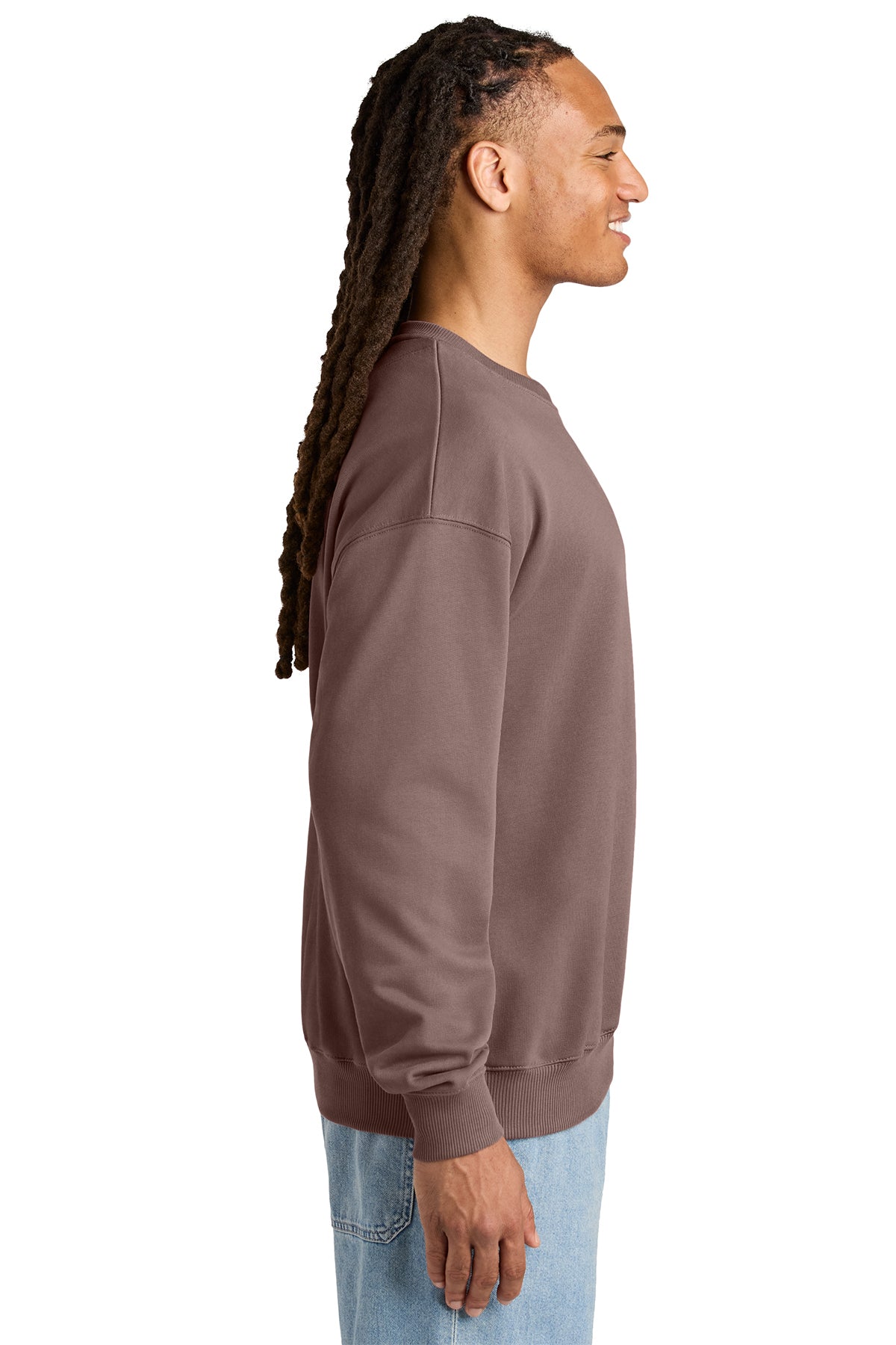 Stanley/Stella Unisex Ledger Dry Crewneck Sweatshirt in Kaffa Coffee, side on model