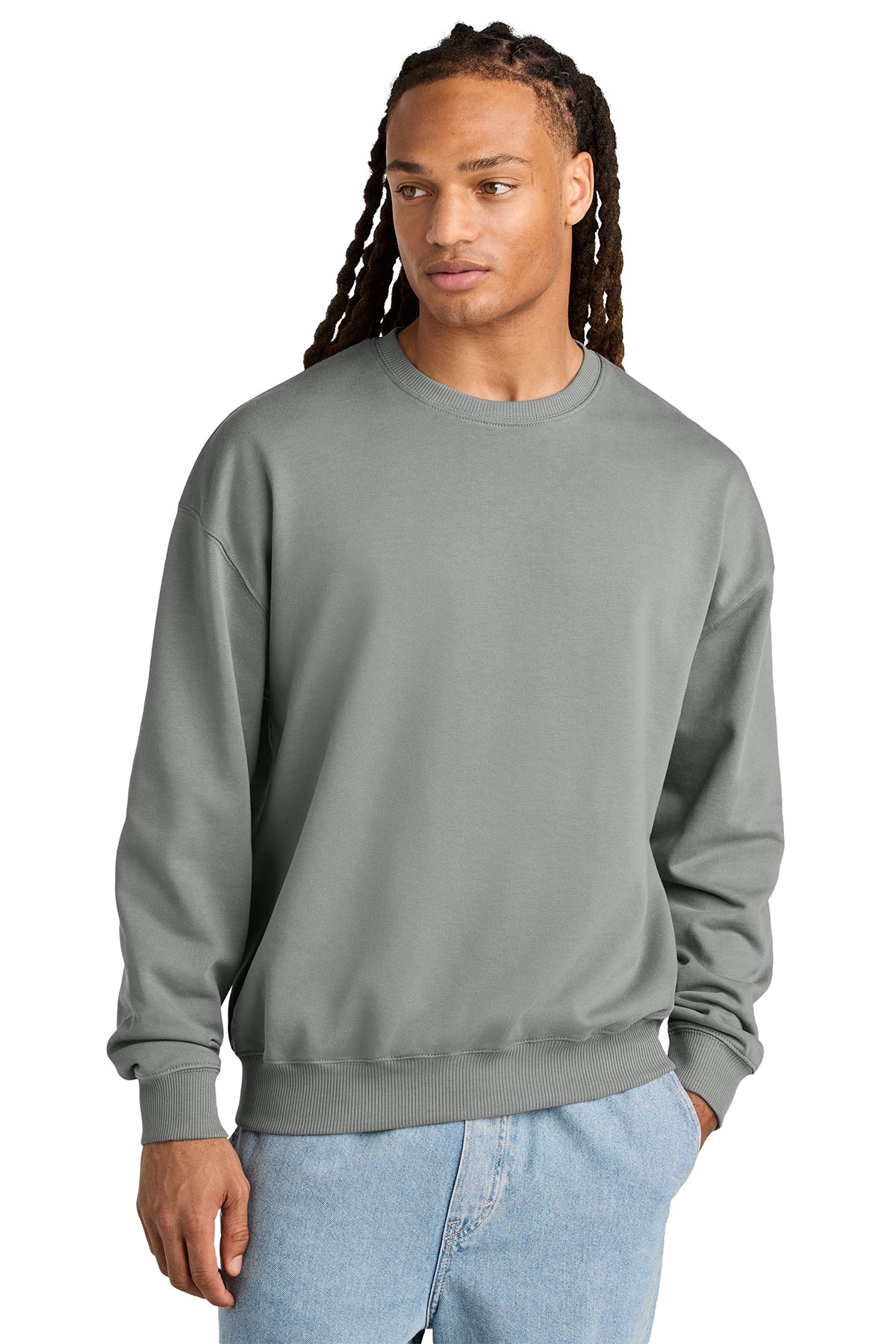 Stanley/Stella Unisex Ledger Dry Crewneck Sweatshirt in Misty Grey, front on model