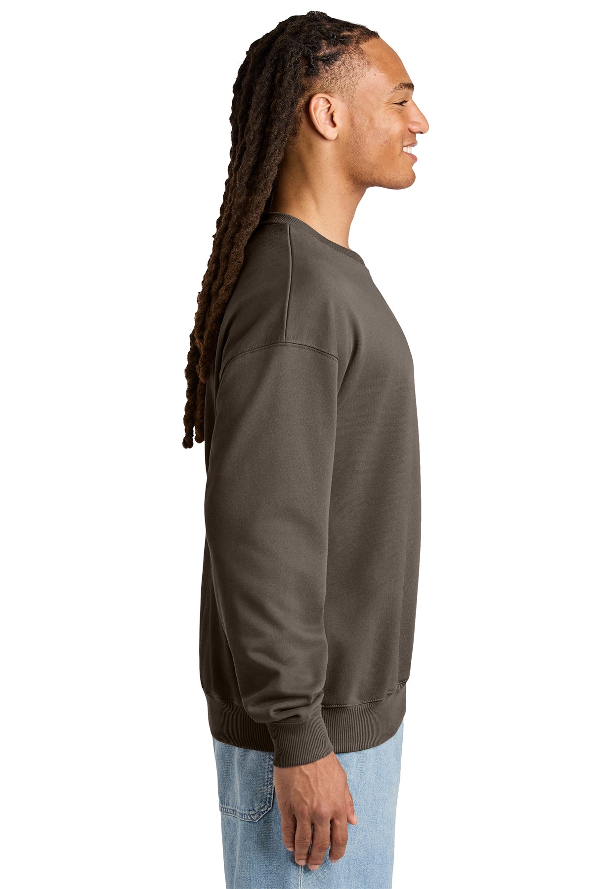 Stanley/Stella Unisex Ledger Dry Crewneck Sweatshirt in Mocha, side on model