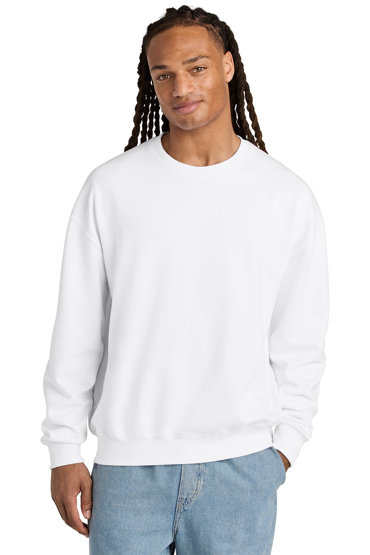 Stanley/Stella Unisex Ledger Dry Crewneck Sweatshirt in White, front on model