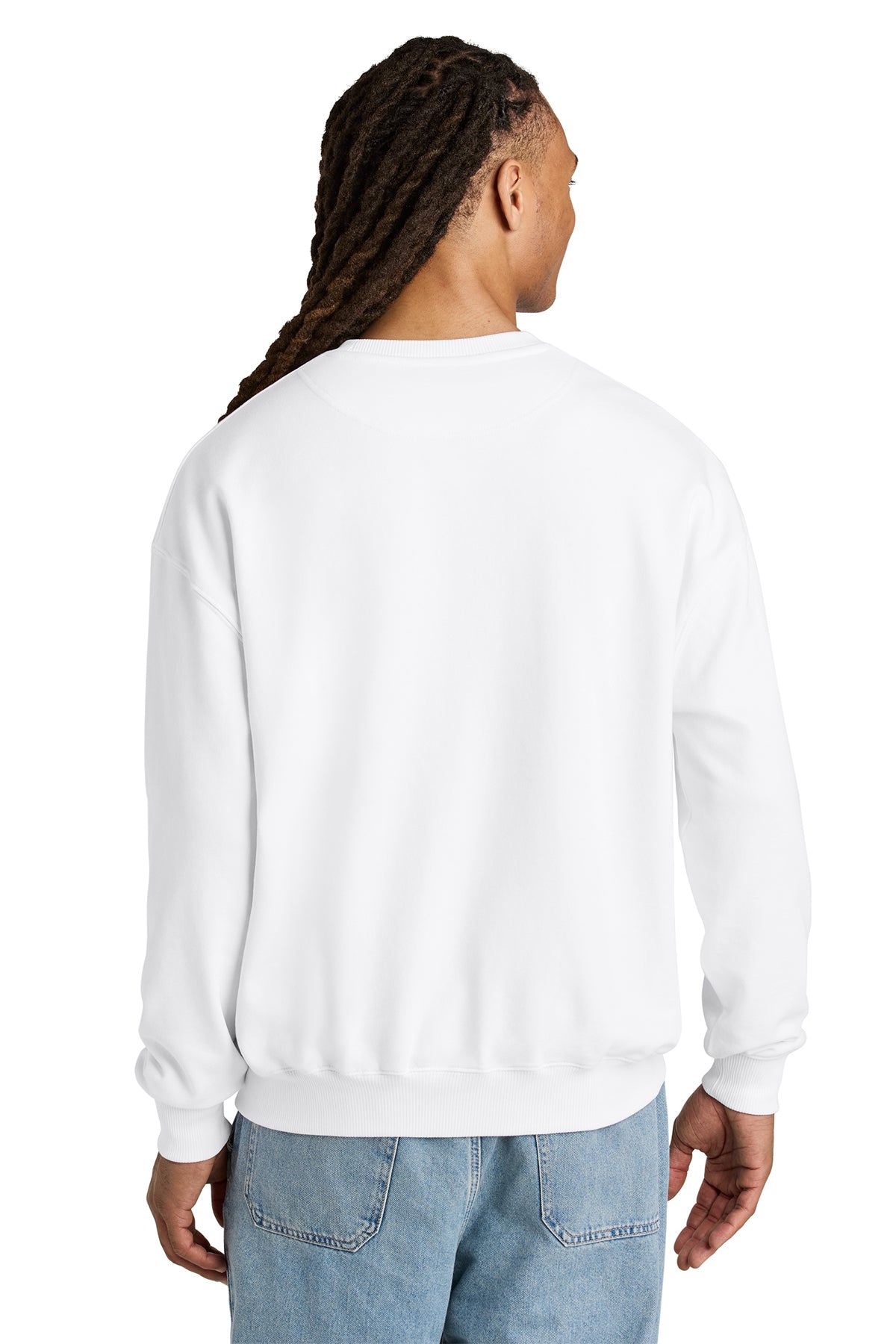 Stanley/Stella Unisex Ledger Dry Crewneck Sweatshirt in White, back on model