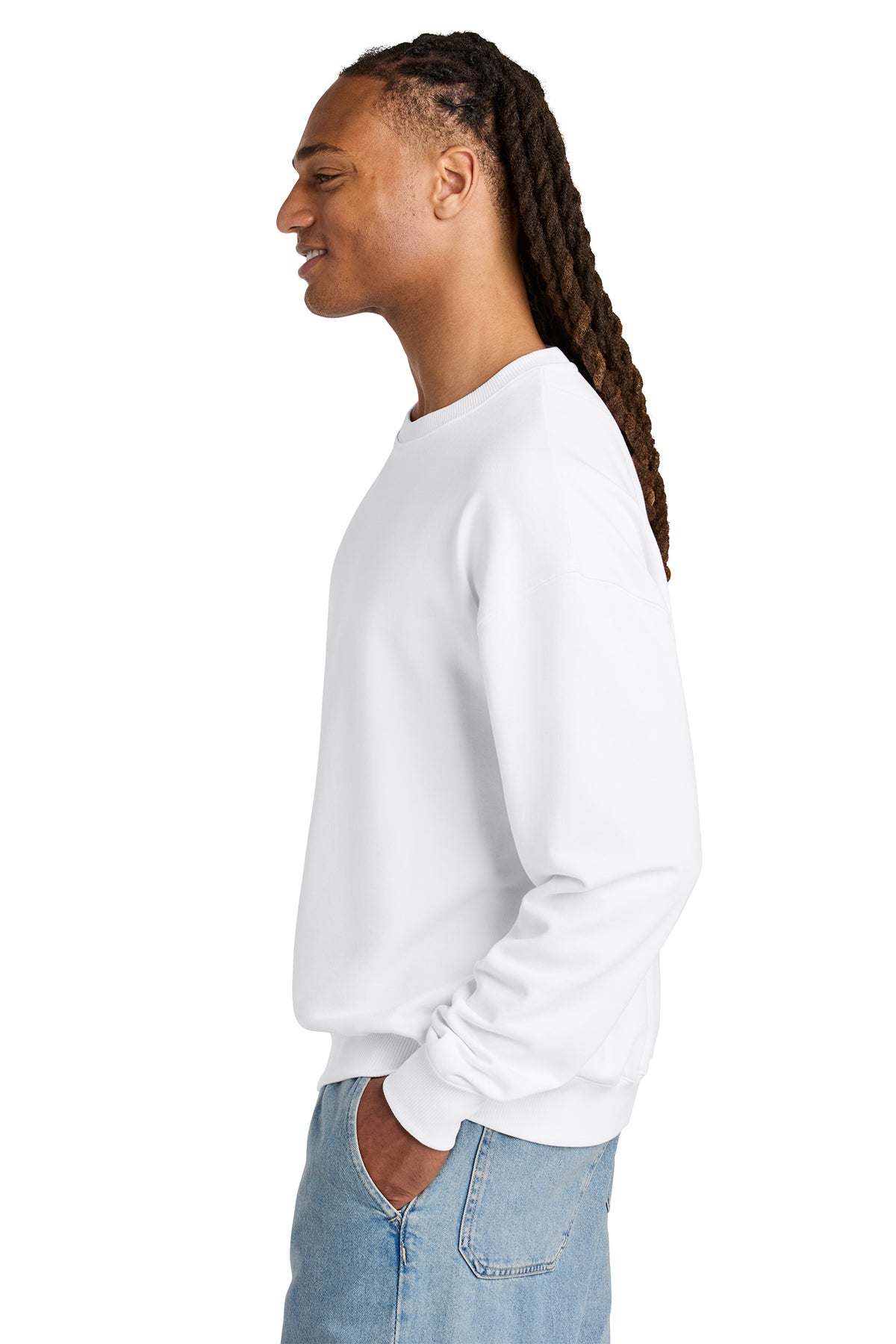 Stanley/Stella Unisex Ledger Dry Crewneck Sweatshirt in White, side on model
