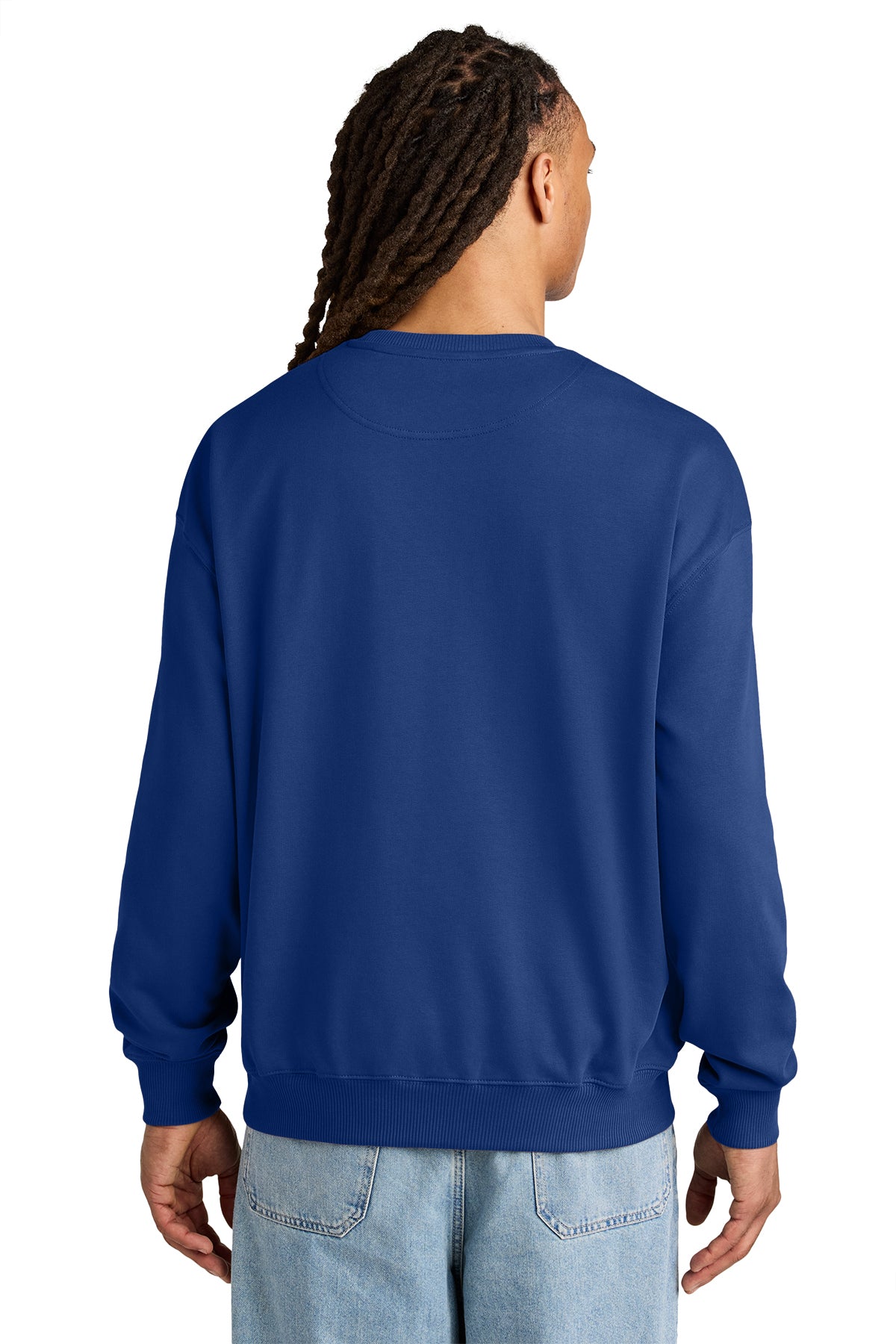 Stanley/Stella Unisex Ledger Dry Crewneck Sweatshirt in Worker Blue, back on model