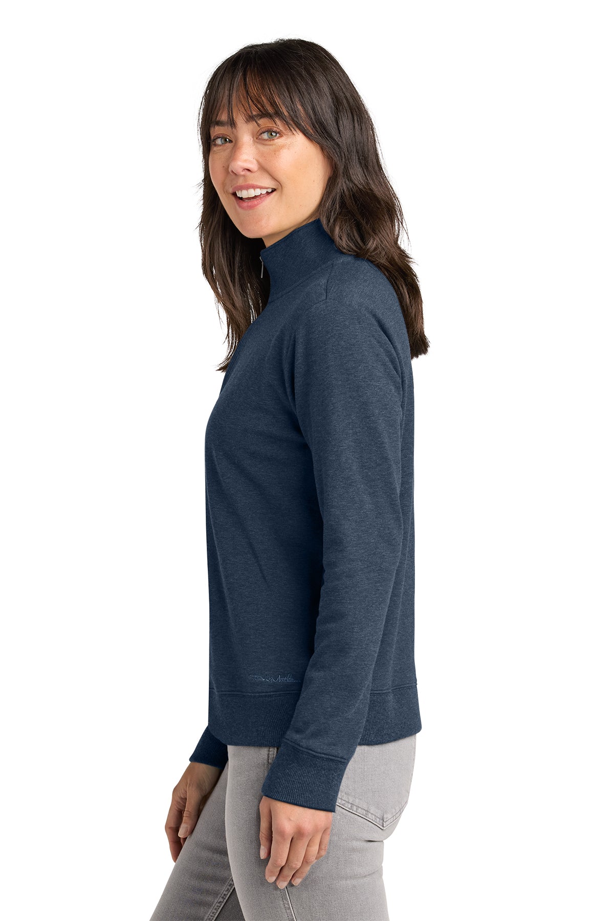 TravisMathew Women’s Ocean Villa 1/4-Zip in Blue Heather, side on model