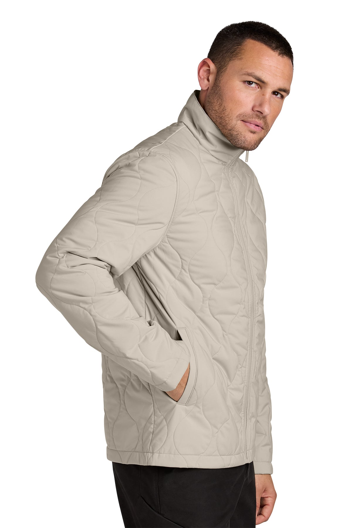 Mercer+Mettle Quilted Liner Jacket in Almond, side on model