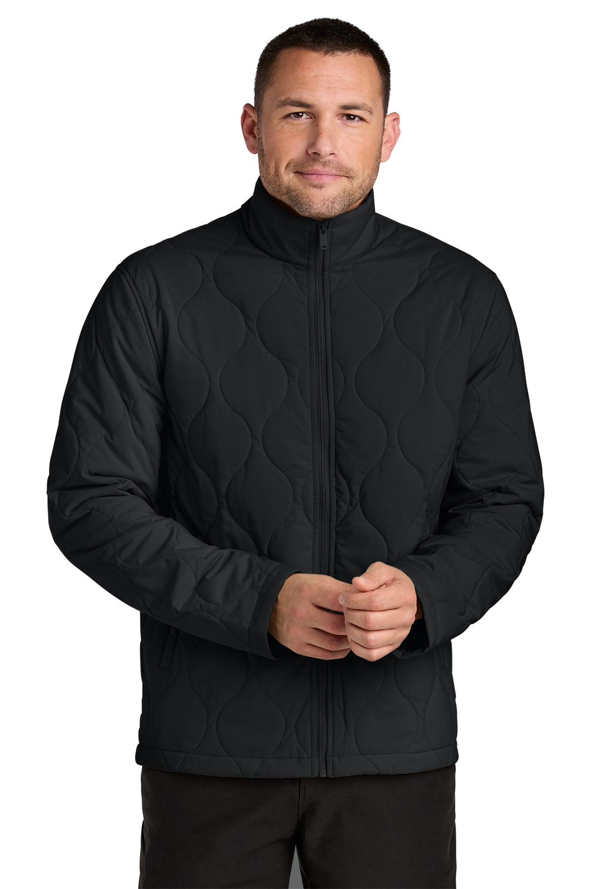 Mercer+Mettle Quilted Liner Jacket in Deep Black, front on model