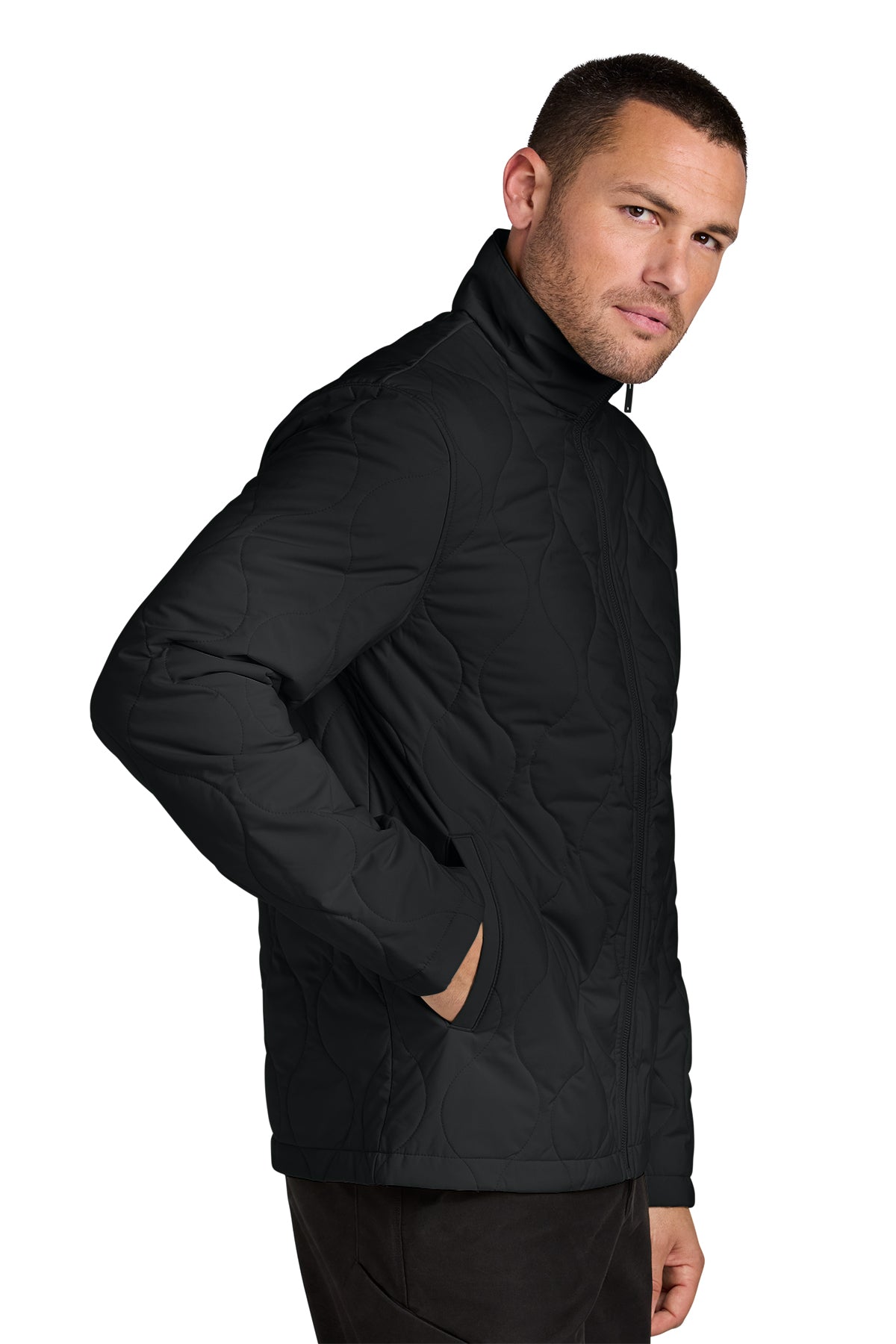 Mercer+Mettle Quilted Liner Jacket in Deep Black, side on model