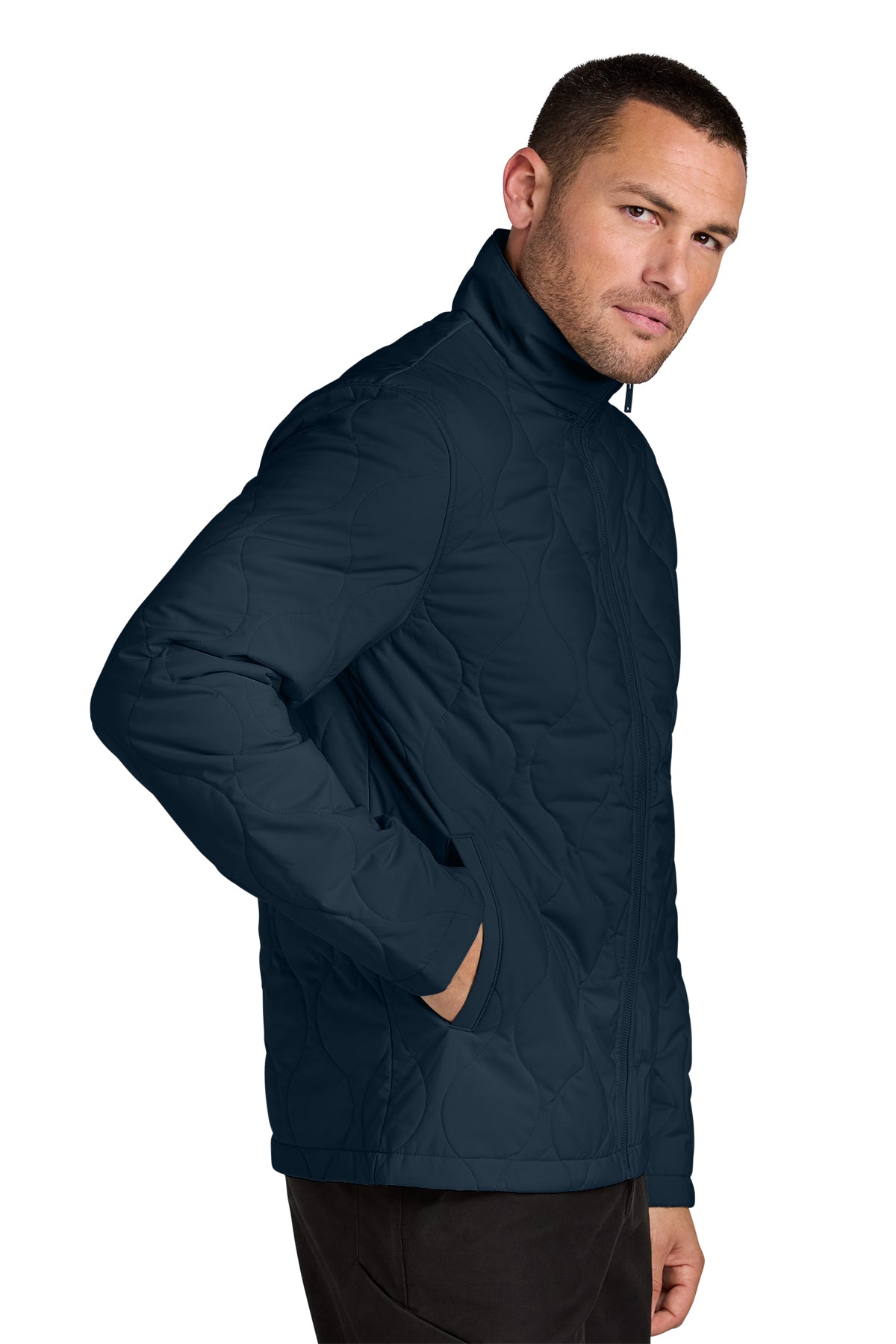 Mercer+Mettle Quilted Liner Jacket in Night Navy, side on model