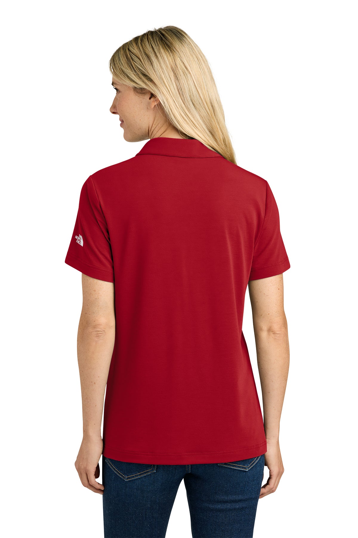 The North Face Women’s Canyon Crest Polo in TNF Red, back on model