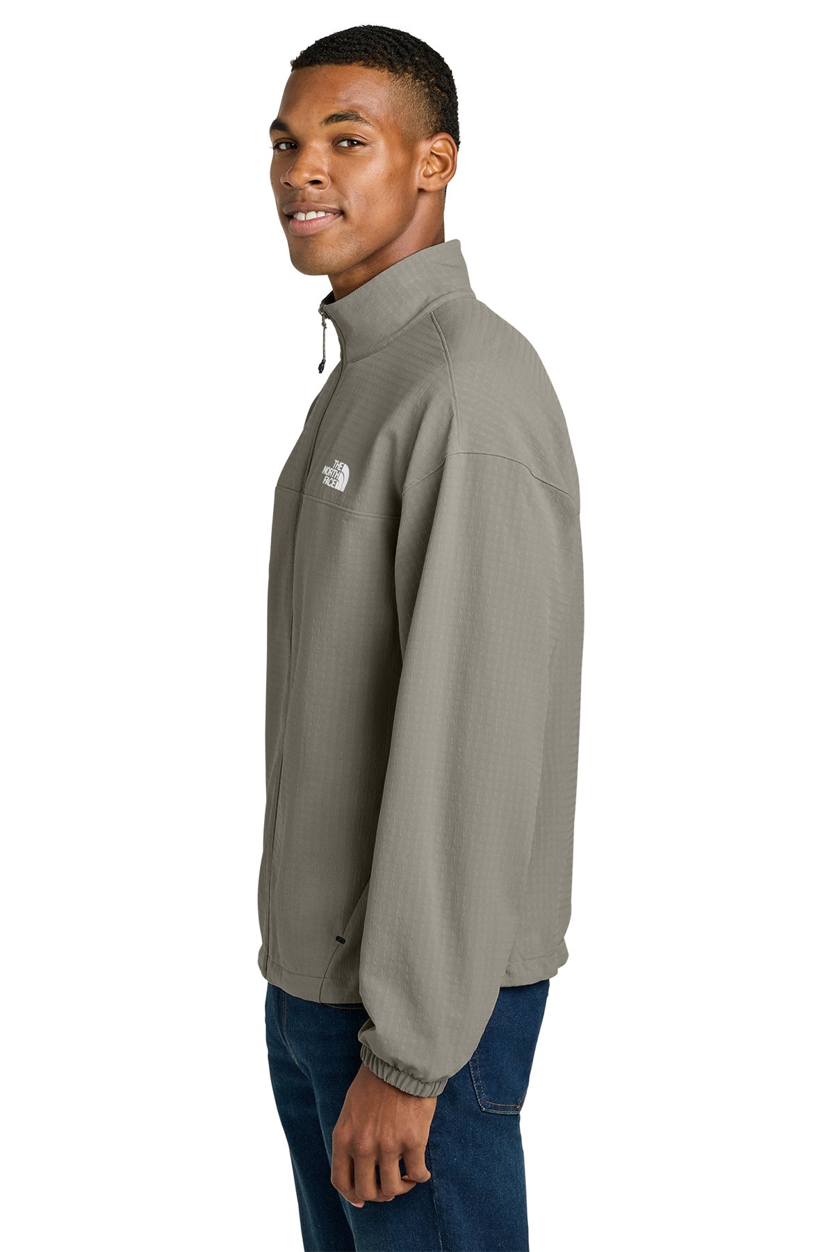 The North Face Mountain Horizon Jacket in Stone Slab Grey, side on model