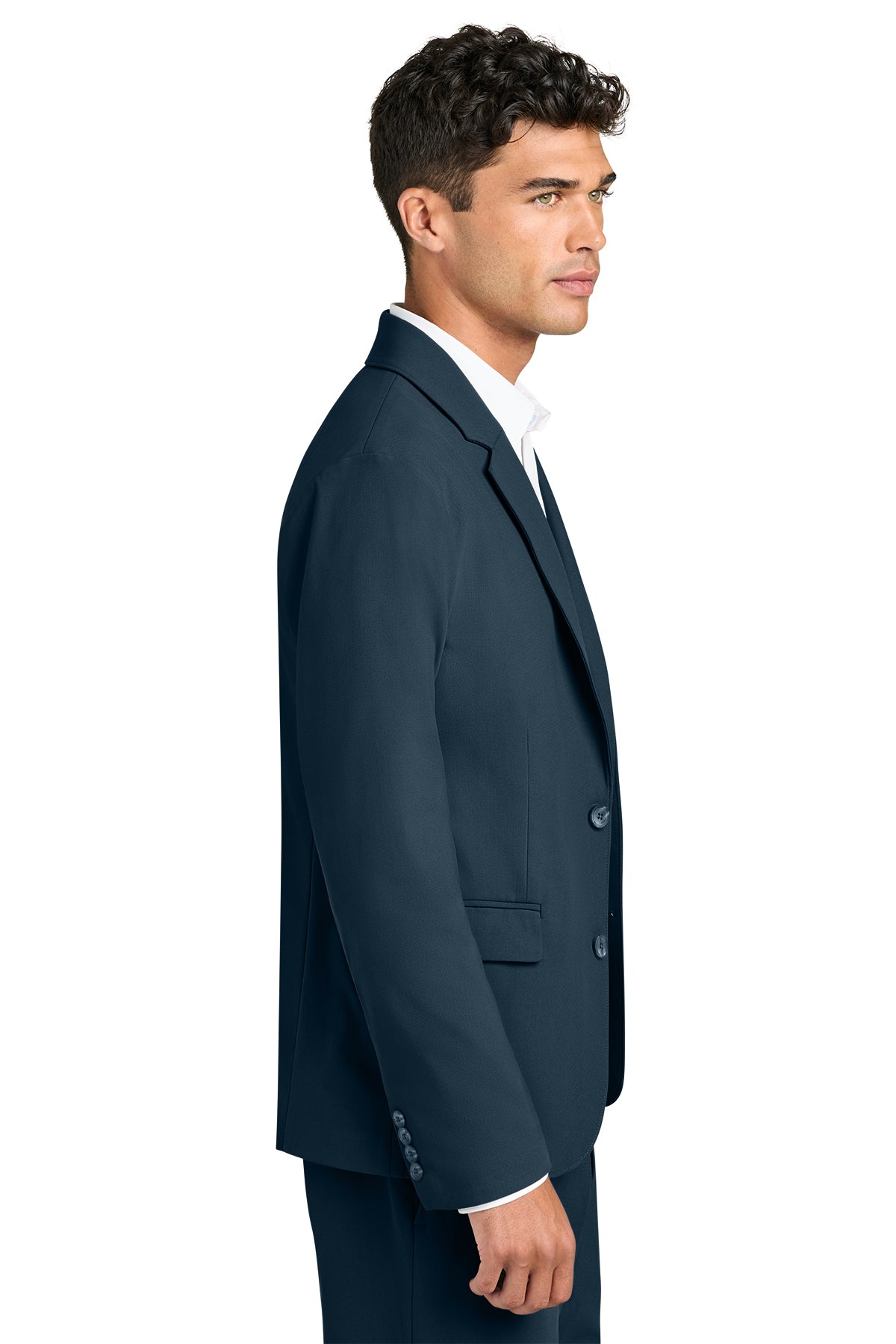 Mercer+Mettle Capital Tech Blazer in Night Navy, side on model