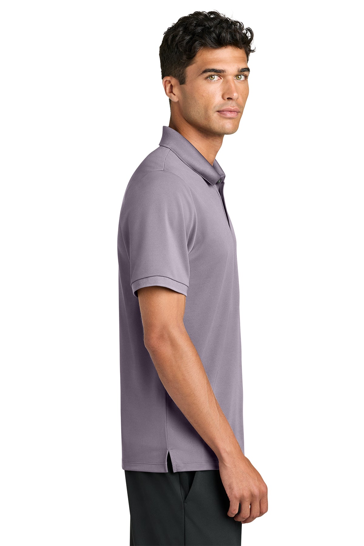 Mercer+Mettle Everyday Performance Polo in Purple Ash, side on model