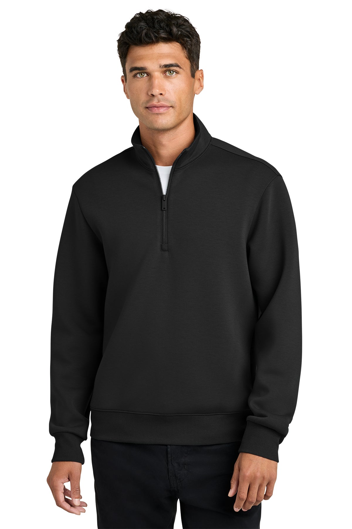 Mercer+Mettle Soft Spacer 1/4-Zip in Deep Black, front on model
