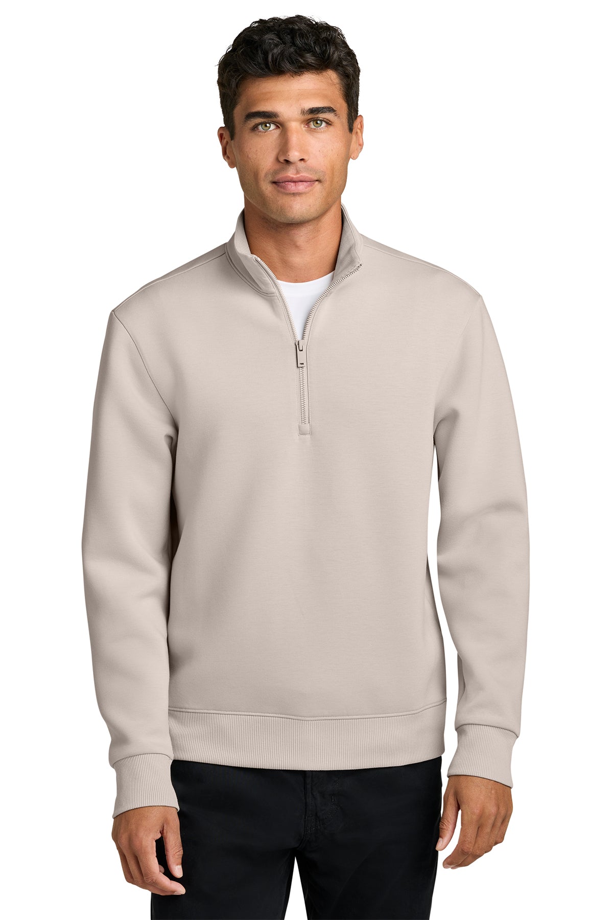 Mercer+Mettle Soft Spacer 1/4-Zip in Warm Quartz, front on model