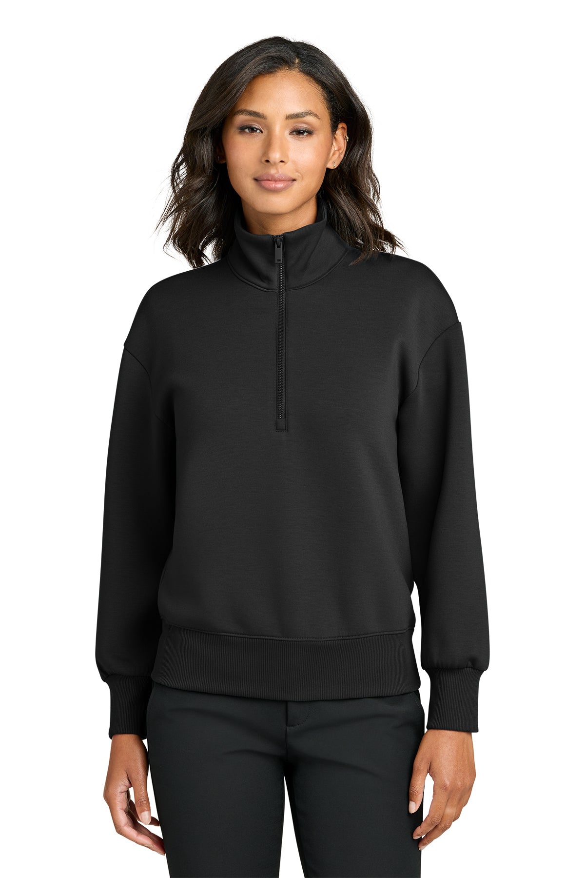 Mercer+Mettle Women’s Soft Spacer 1/4-Zip in Deep Black, front on model