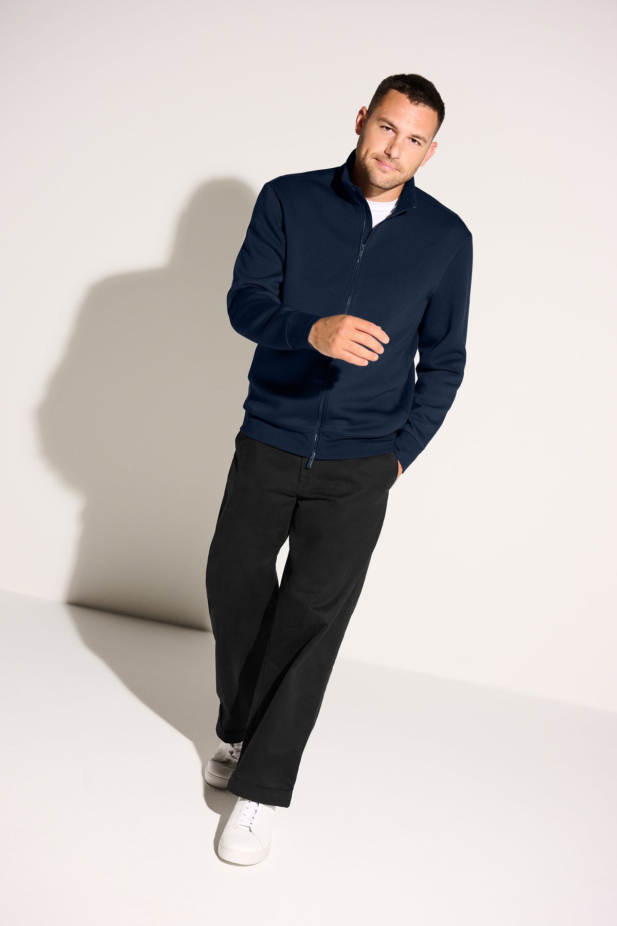 Mercer+Mettle Soft Spacer Full-Zip in Warm Quartz, view on model