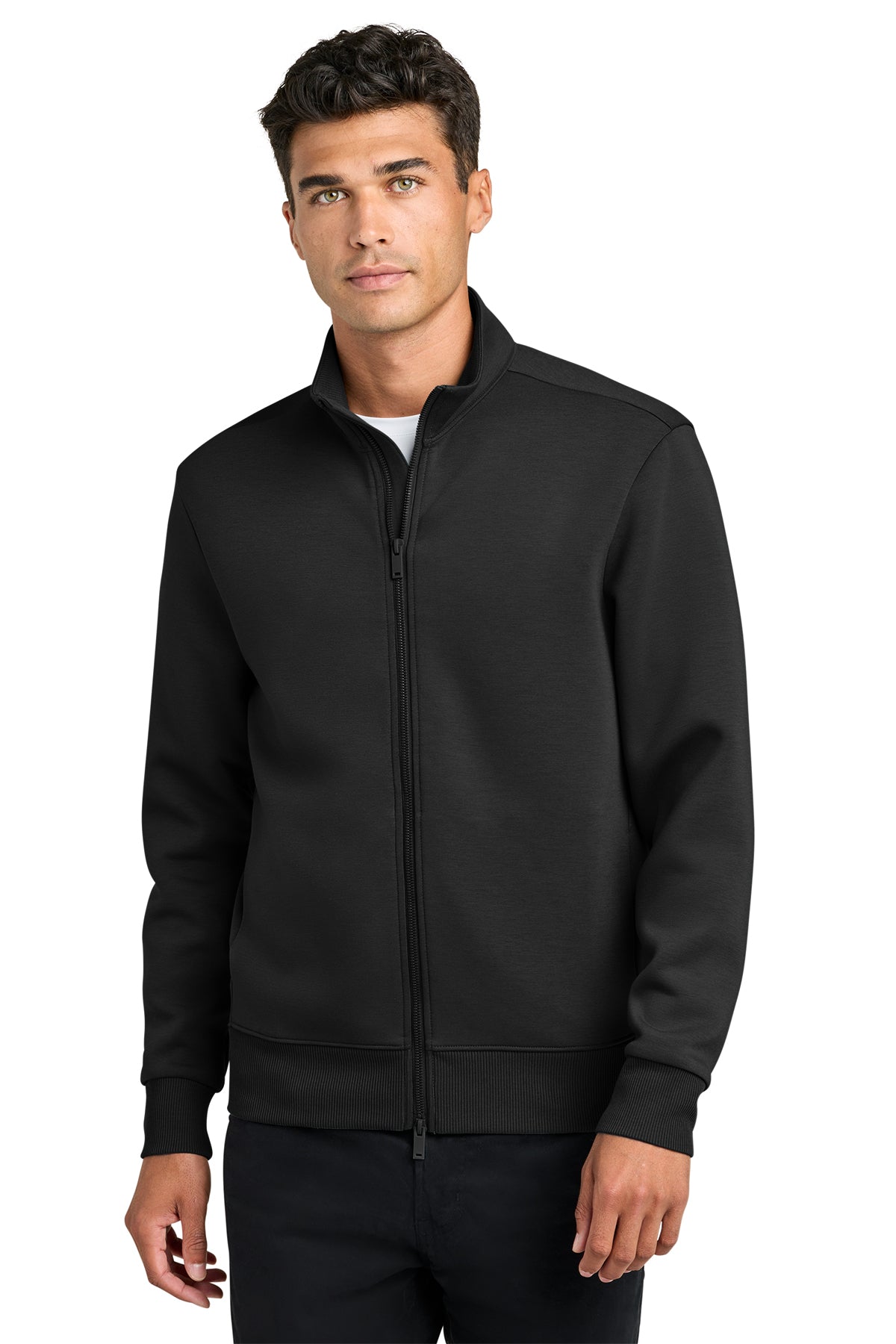 Mercer+Mettle Soft Spacer Full-Zip in Deep Black, front on model
