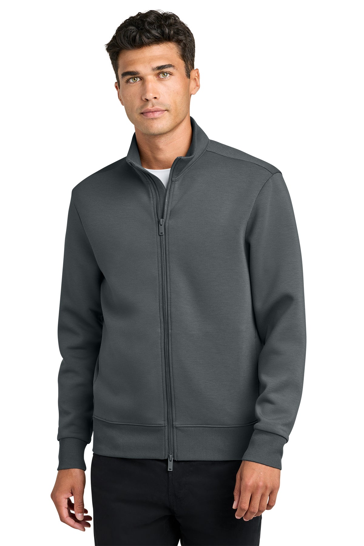 Mercer+Mettle Soft Spacer Full-Zip in Storm Grey, front on model