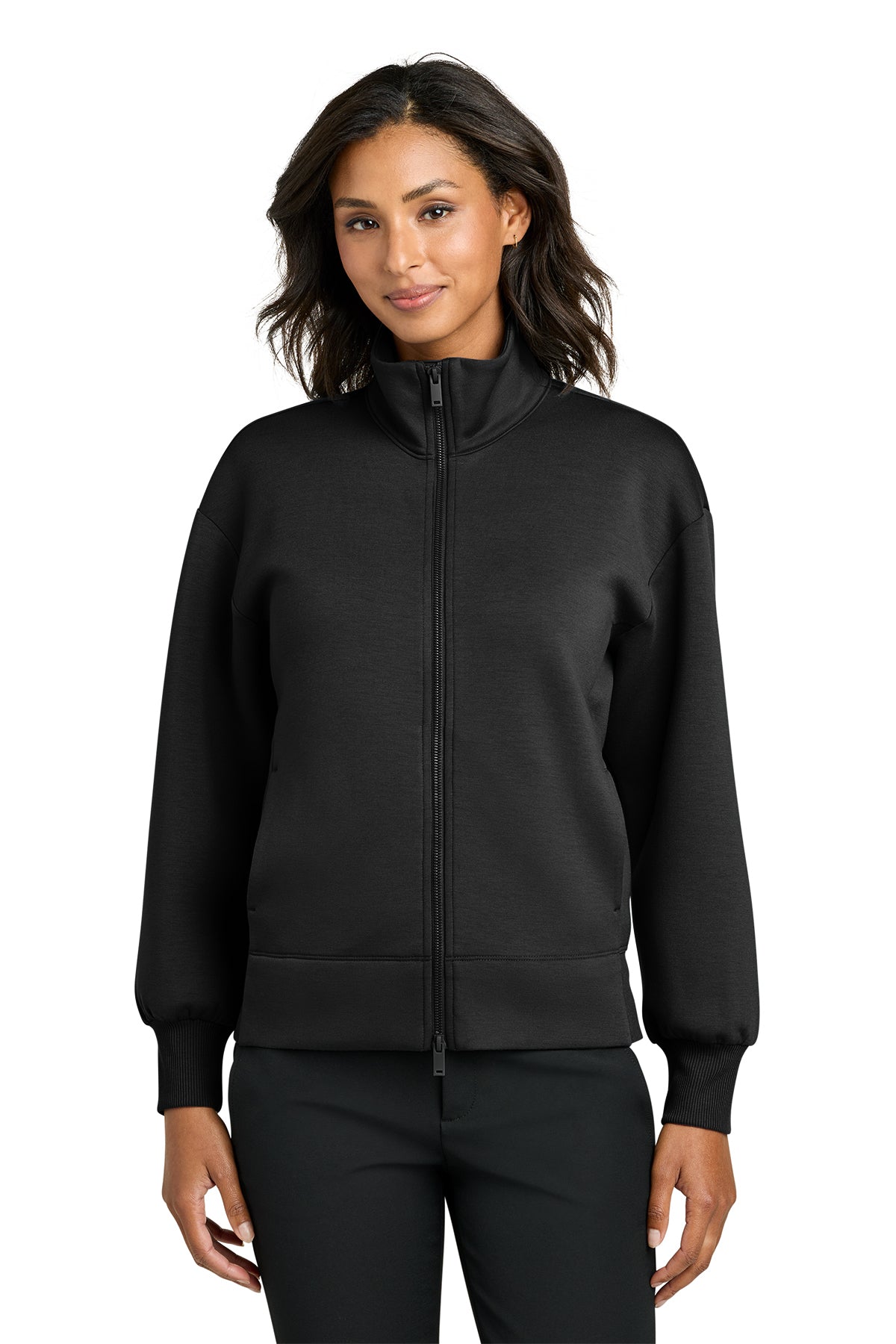 Mercer+Mettle Women’s Soft Spacer Full-Zip in Deep Black, front on model