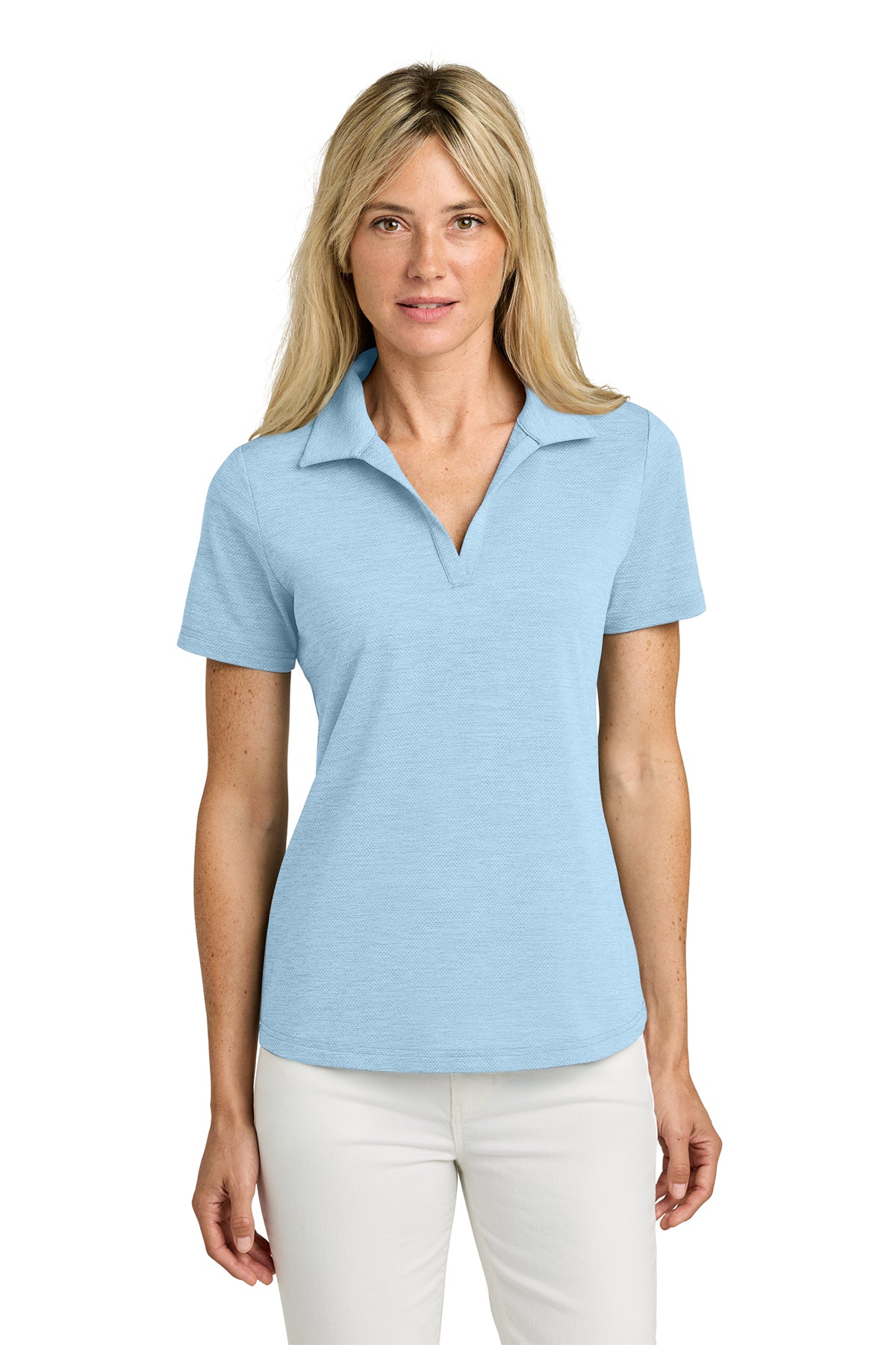 TravisMathew Women’s Onward Polo in Airy Blue Heather, front on model