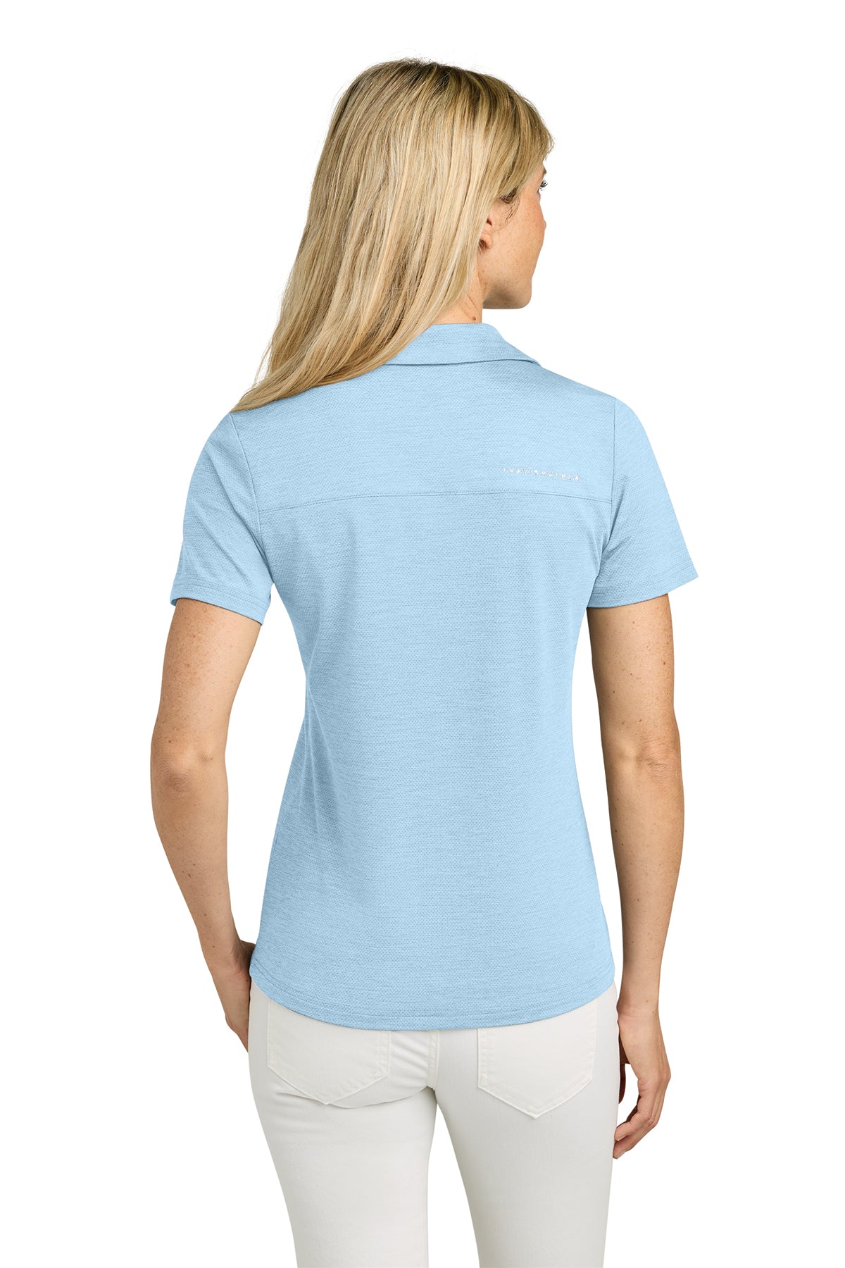 TravisMathew Women’s Onward Polo in Airy Blue Heather, back on model