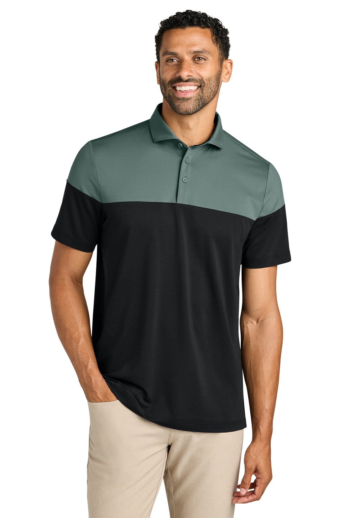 TravisMathew Onward Colorblock Polo in Balsam Green/ Black, front on model