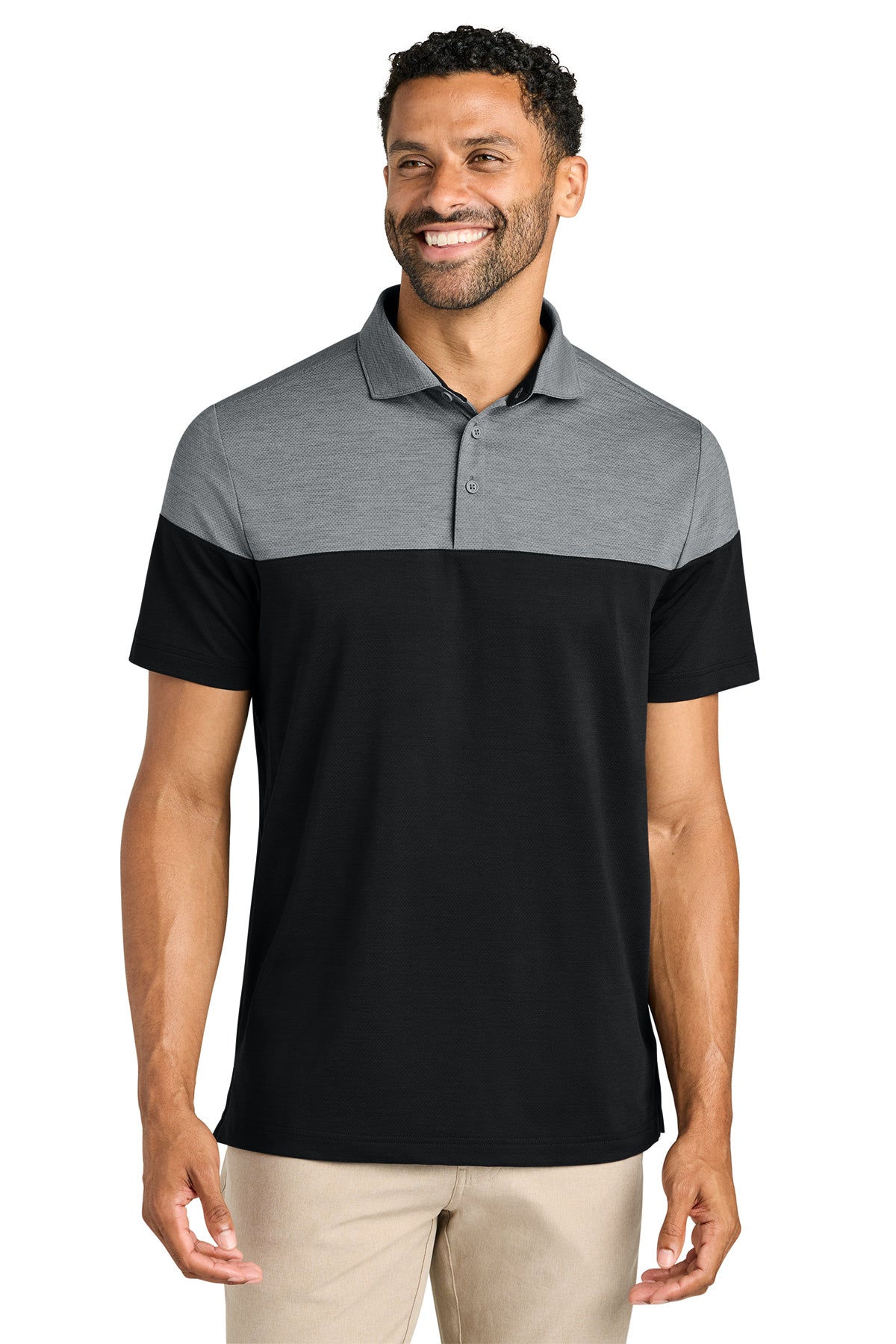 TravisMathew Onward Colorblock Polo in Quiet Shade Grey Heather/ Black, front on model