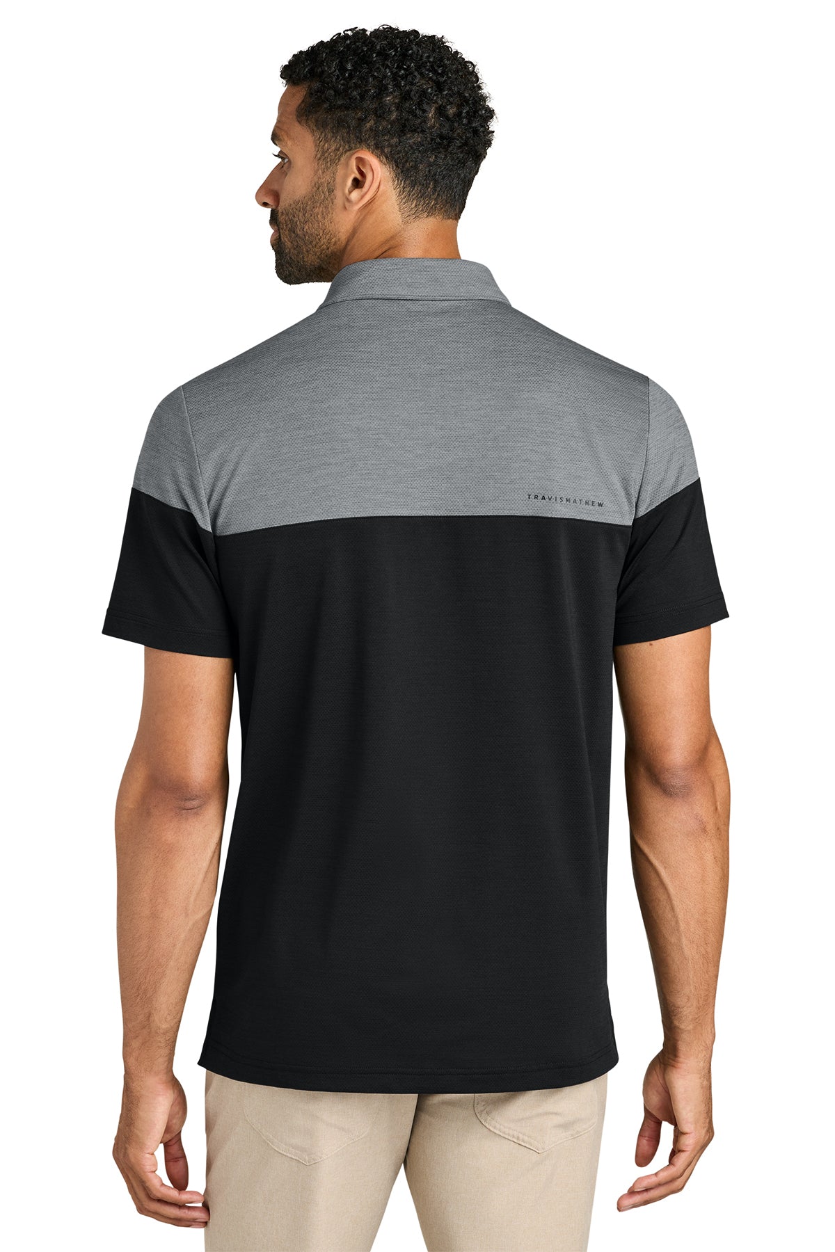 TravisMathew Onward Colorblock Polo in Quiet Shade Grey Heather/ Black, back on model