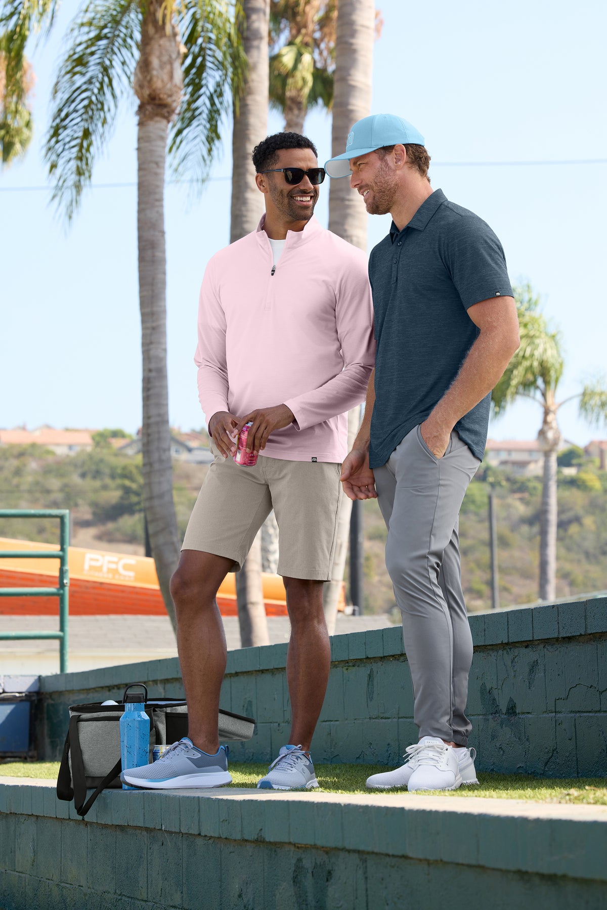 TravisMathew Crestview Polo in Vintage Indigo Heather, view on model