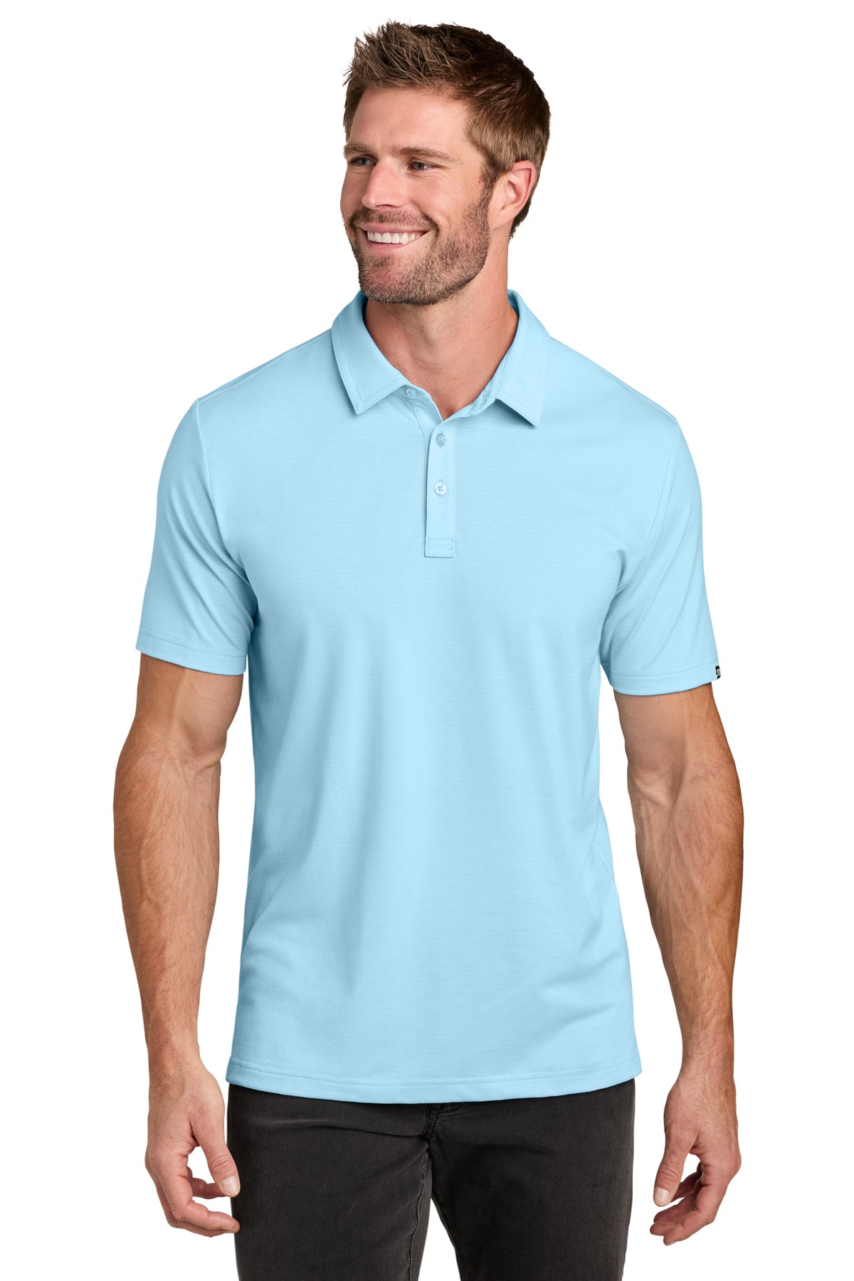 TravisMathew Crestview Polo in Dream Blue, front on model