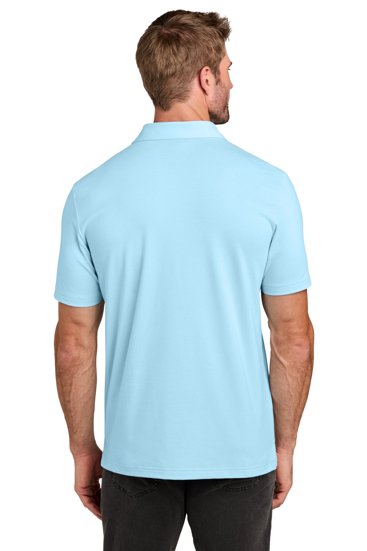 TravisMathew Crestview Polo in Dream Blue, back on model