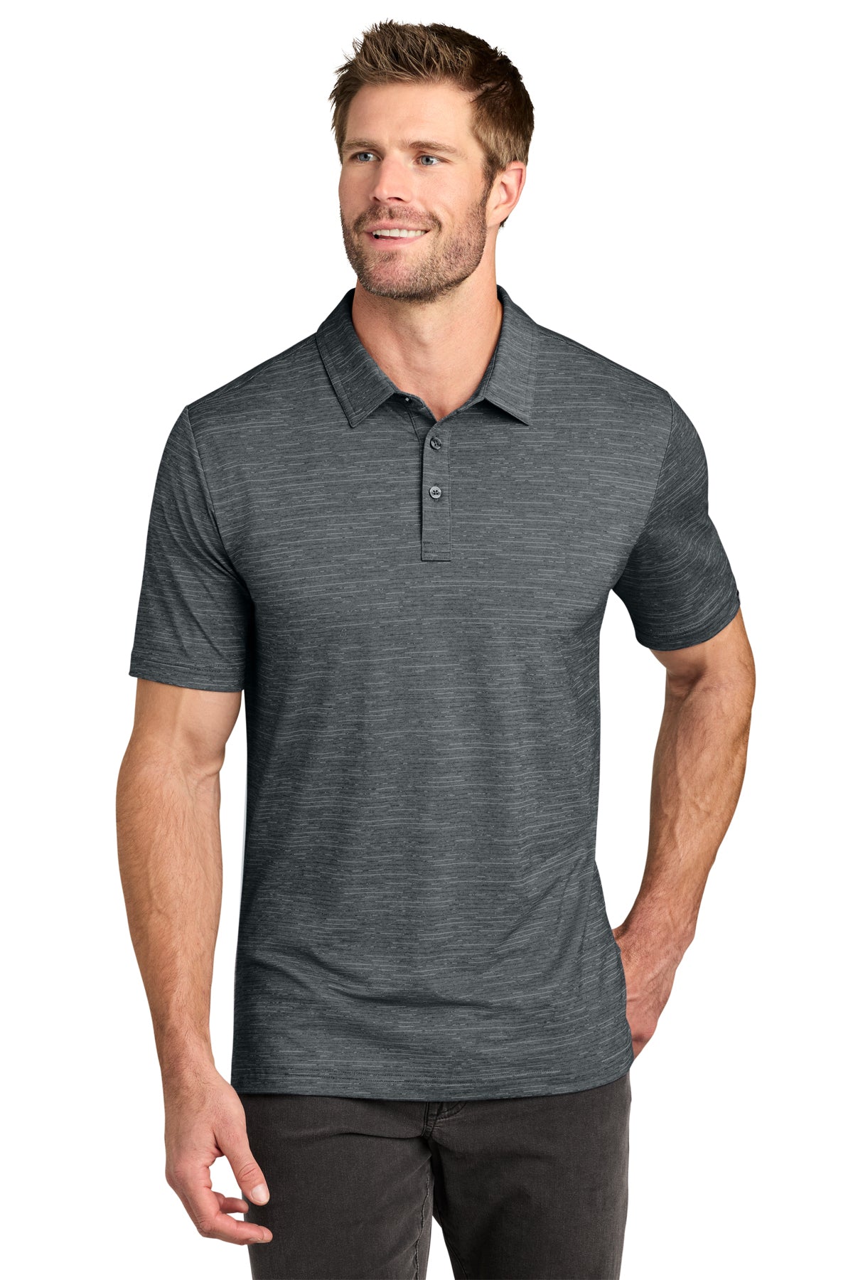 TravisMathew Crestview Polo in Grey Heather, front on model