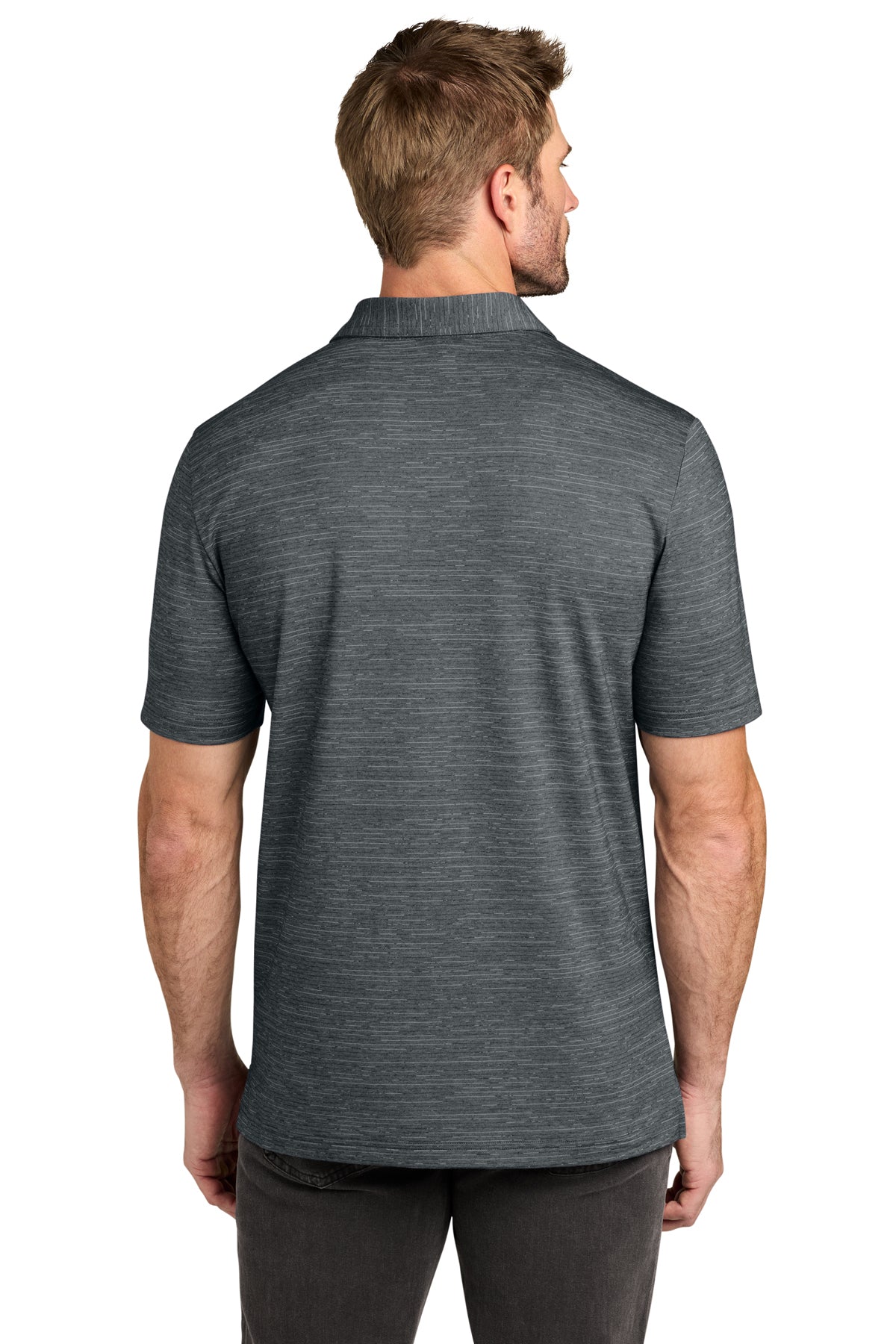 TravisMathew Crestview Polo in Grey Heather, back on model
