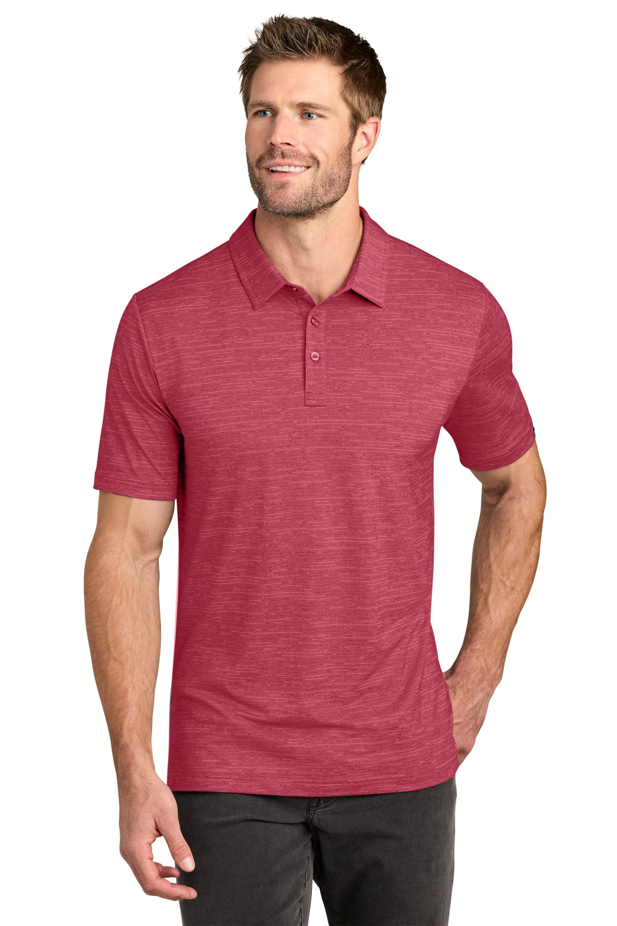 TravisMathew Crestview Polo in Scooter Red Heather, front on model