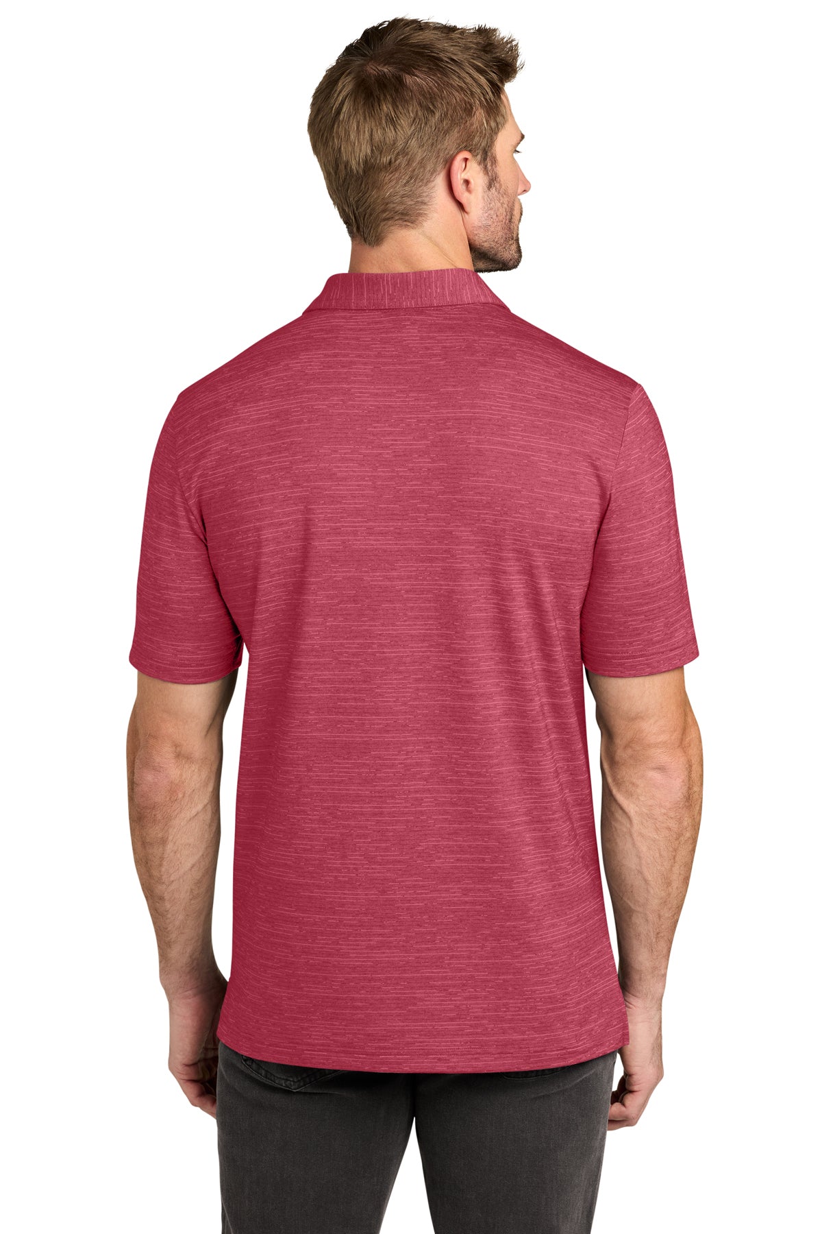 TravisMathew Crestview Polo in Scooter Red Heather, back on model