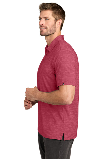 TravisMathew Crestview Polo in Scooter Red Heather, side on model