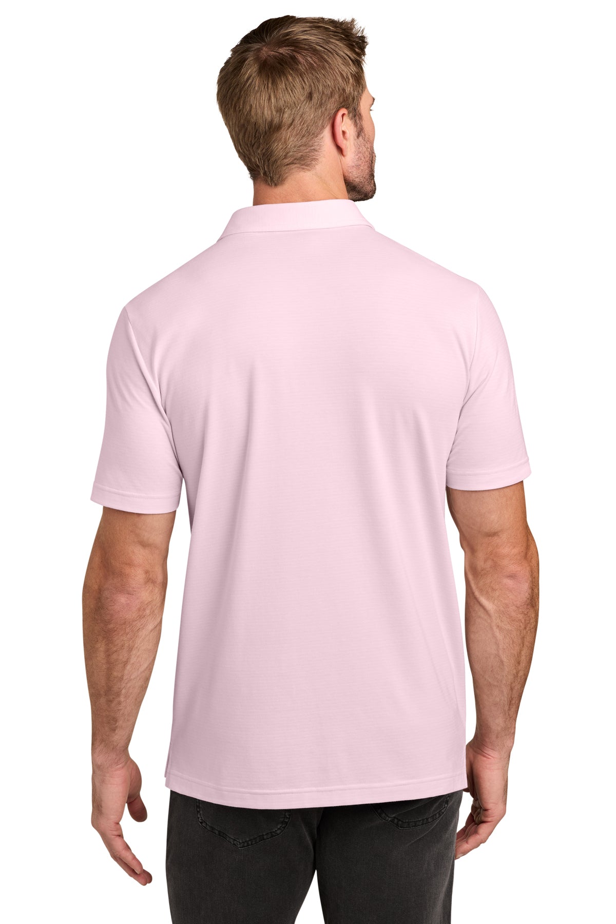 TravisMathew Crestview Polo in Stone Pink, back on model