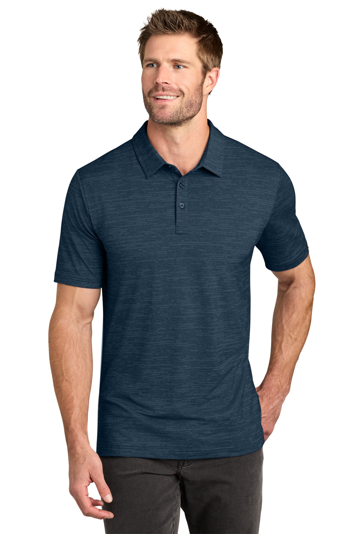 TravisMathew Crestview Polo in Vintage Indigo Heather, front on model
