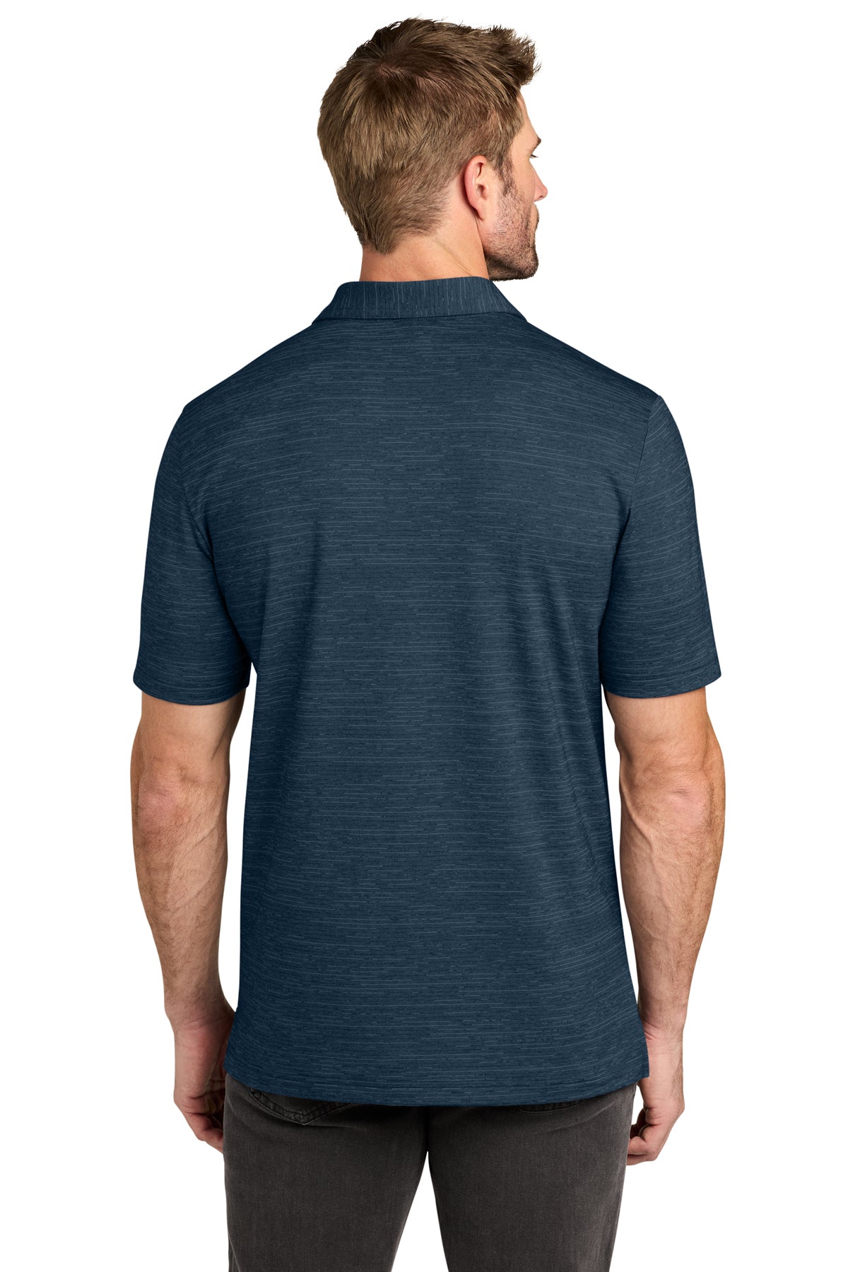 TravisMathew Crestview Polo in Vintage Indigo Heather, back on model