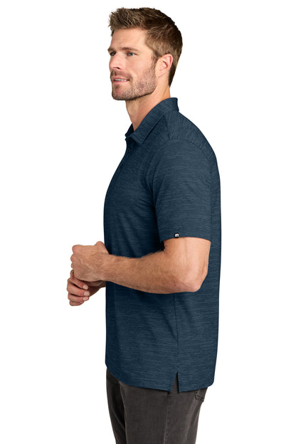 TravisMathew Crestview Polo in Vintage Indigo Heather, side on model