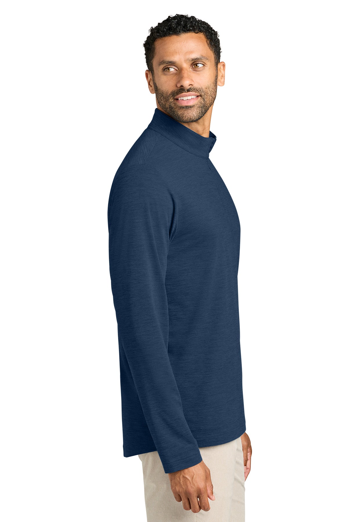 TravisMathew Onward 1/4-Zip in Navy Heather, side on model