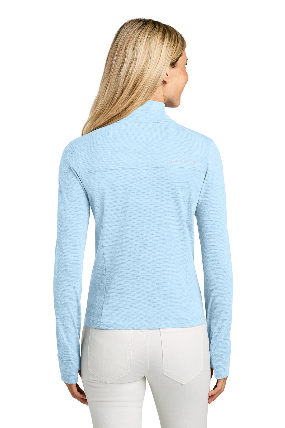 TravisMathew Women’s Onward 1/2-Zip in Airy Blue Heather, back on model
