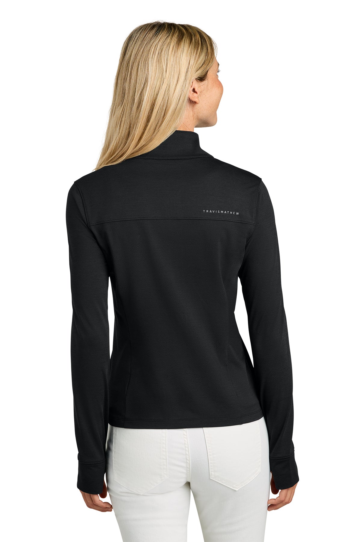 TravisMathew Women’s Onward 1/2-Zip in Black, back on model
