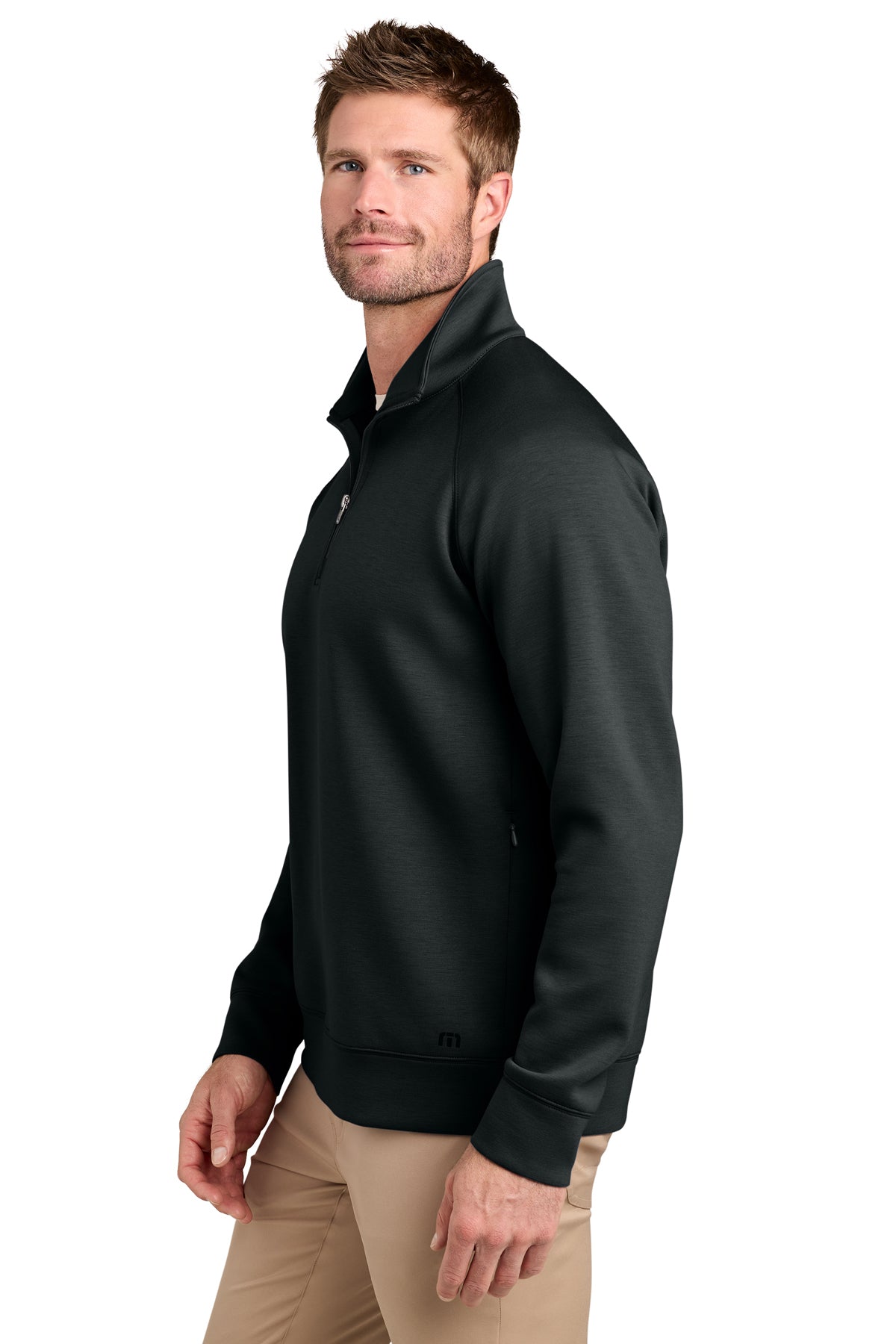 TravisMathew Momentum Shift 1/4-Zip in Black, side on model