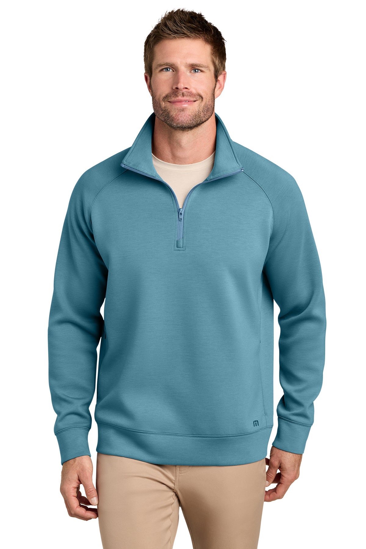 TravisMathew Momentum Shift 1/4-Zip in Copen Blue, front on model