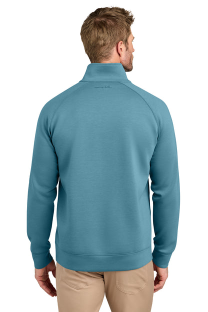 TravisMathew Momentum Shift 1/4-Zip in Copen Blue, back on model