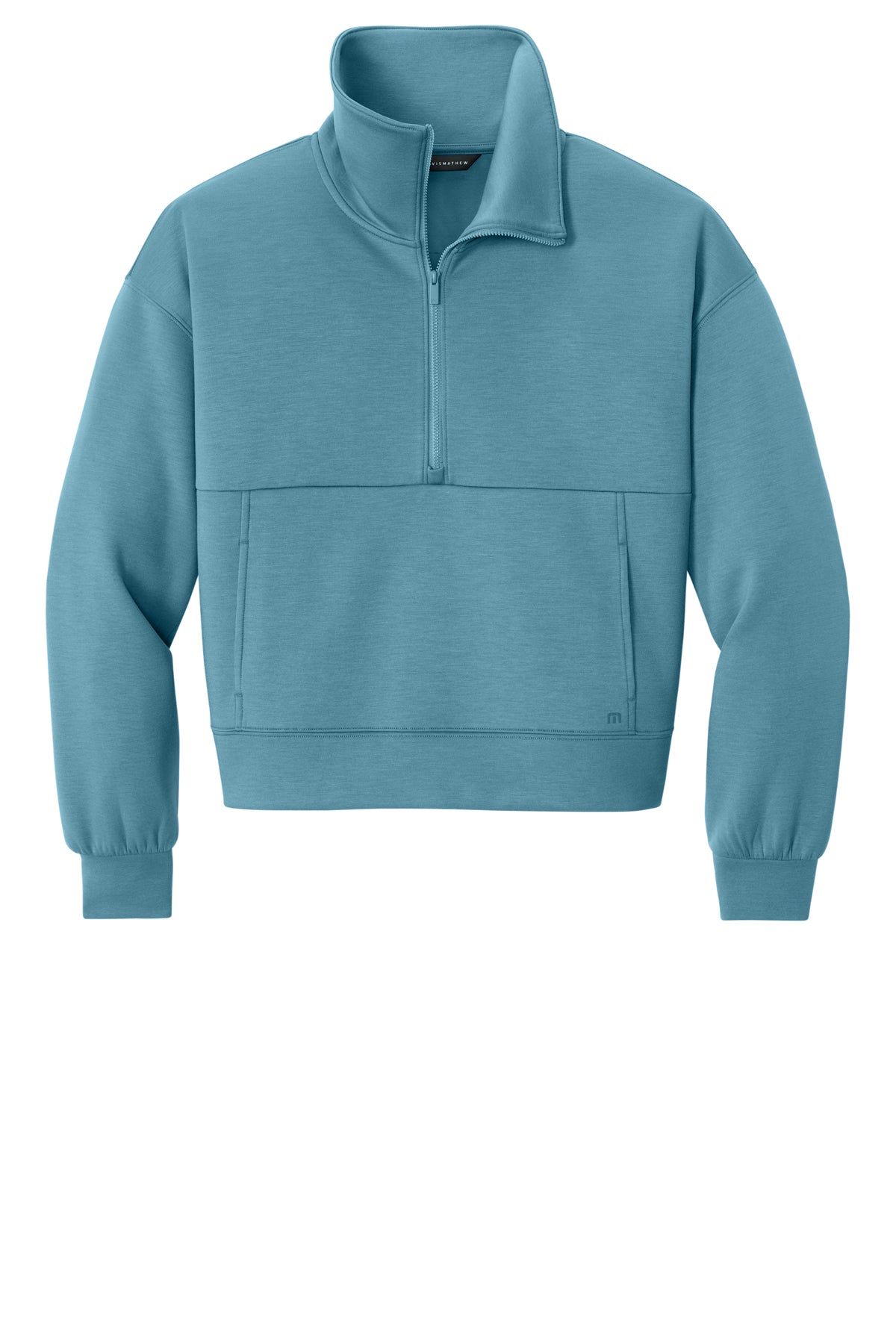 TravisMathew Women’s Momentum Shift 1/2-Zip in Copen Blue, front flat